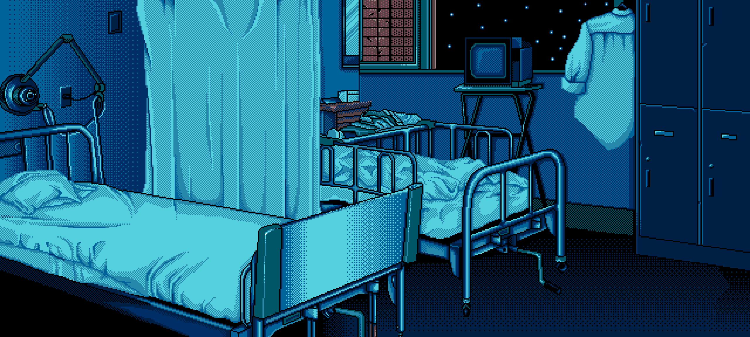 Pixel Art Artwork Hospital Night Bed Dark Blue 2560x1152