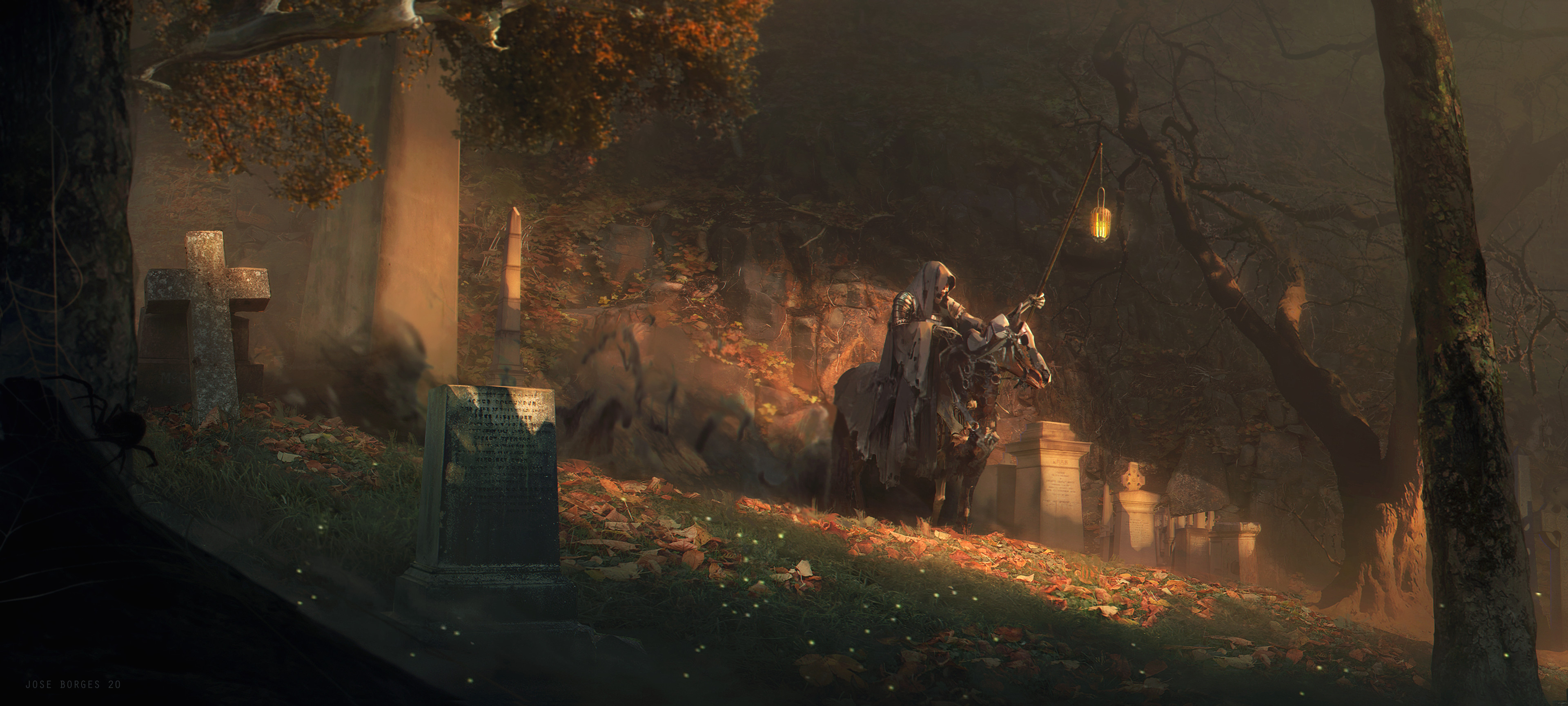 Artwork Fantasy Art ArtStation Tombstones Undead Skeleton Lantern Horse 3840x1728