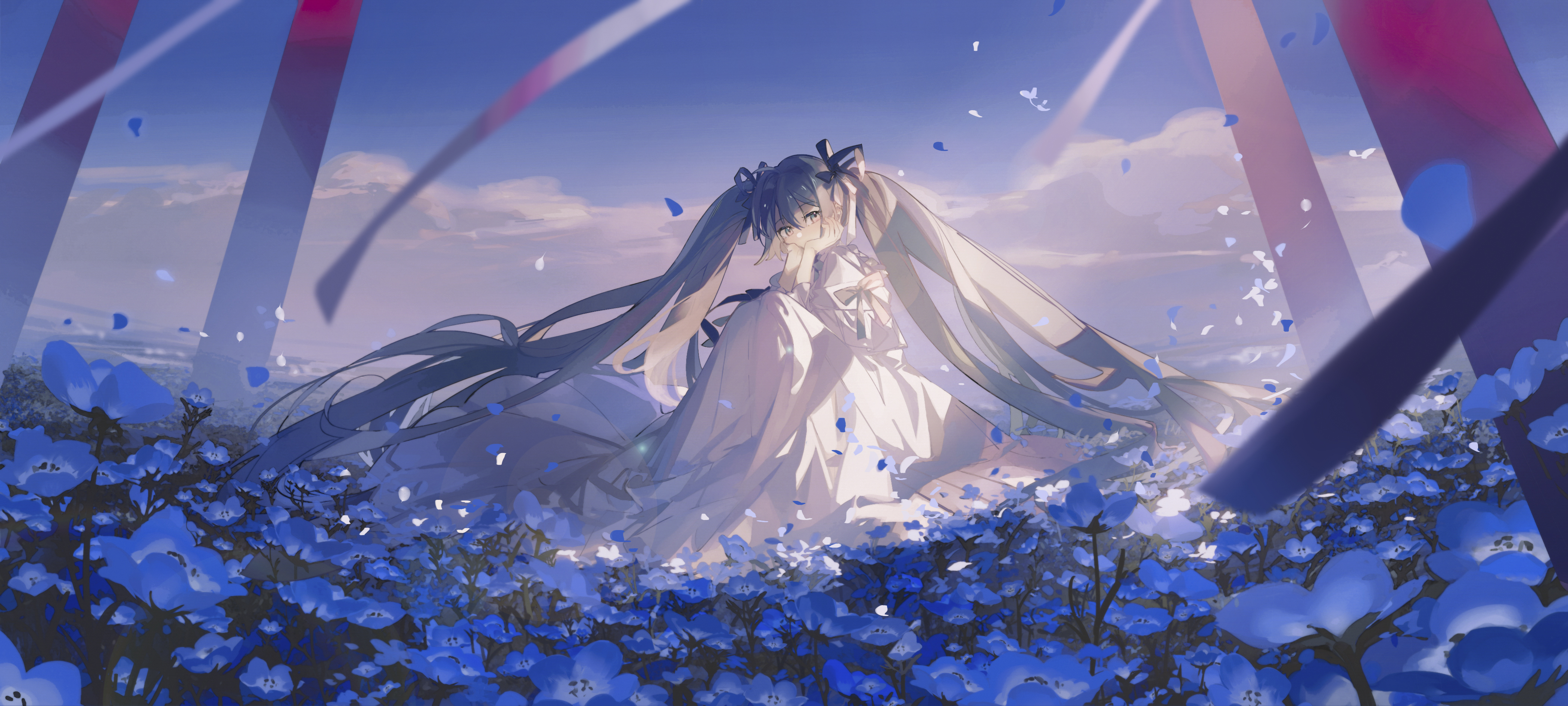 Anime Anime Girls Hatsune Miku Vocaloid Nochek Flowers Petals Ribbons 4200x1890