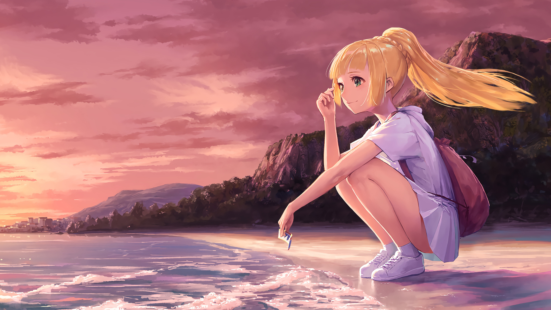 Anime Girls Sea Beach Sky Landscape Cityscape Sunset Blonde Green Eyes 1920x1080