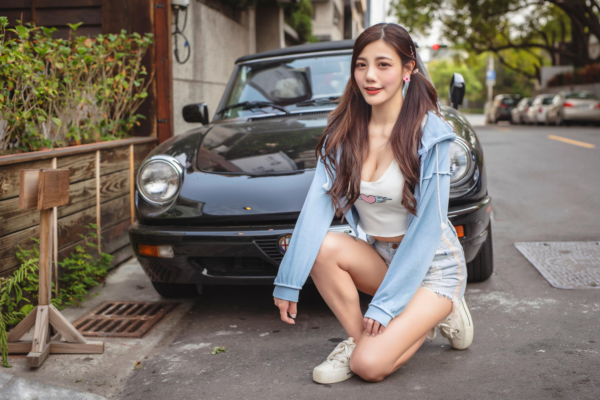 Asian Model Women Long Hair Dark Hair Car Twintails Short Tops Hooded Jacket Shorts Jeans Sneakers D 1920x1280
