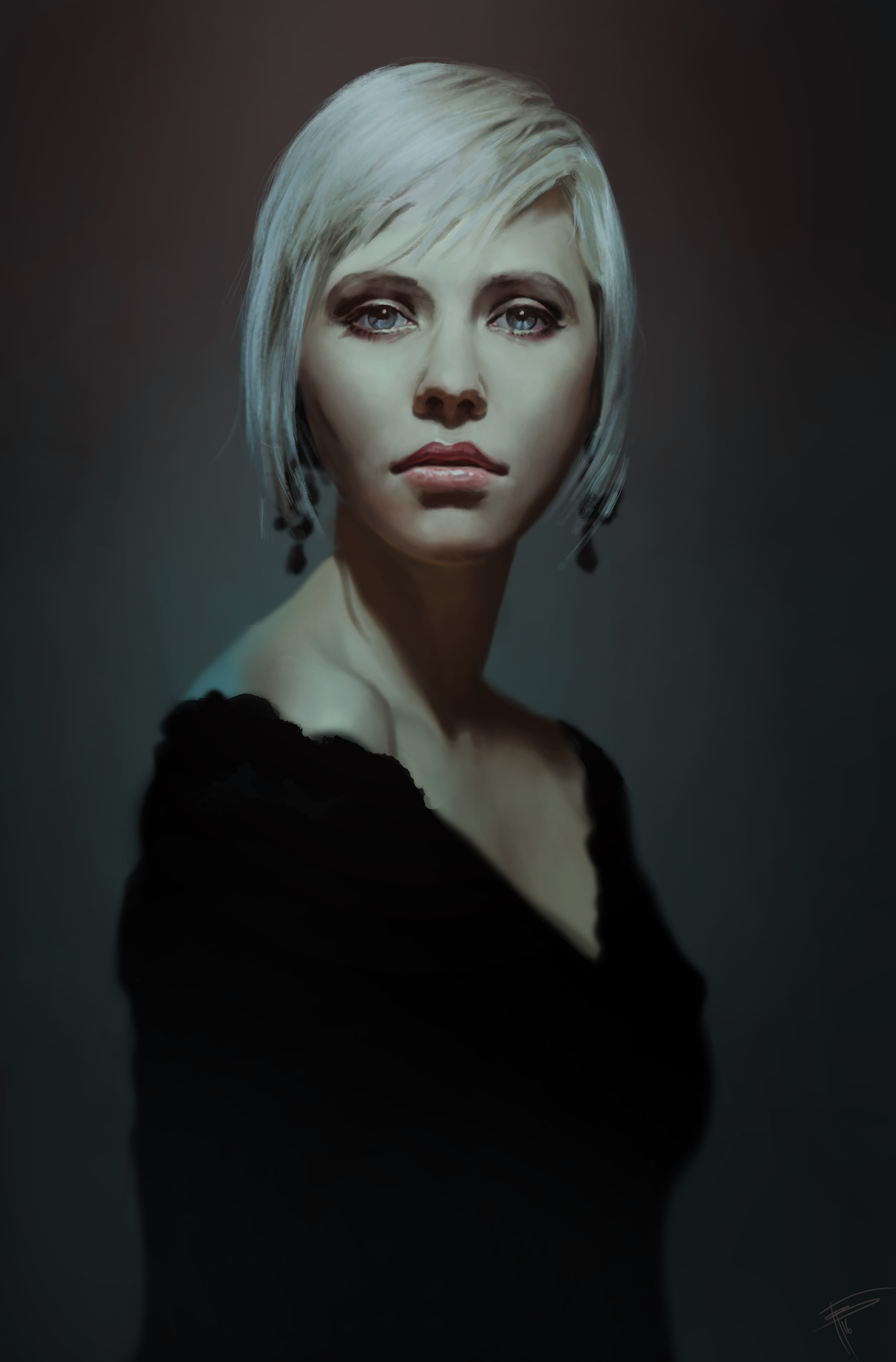 ArtStation Drawing Portrait Portrait Display Women Looking At Viewer Black Dress Blonde White Hair A 3355x5100
