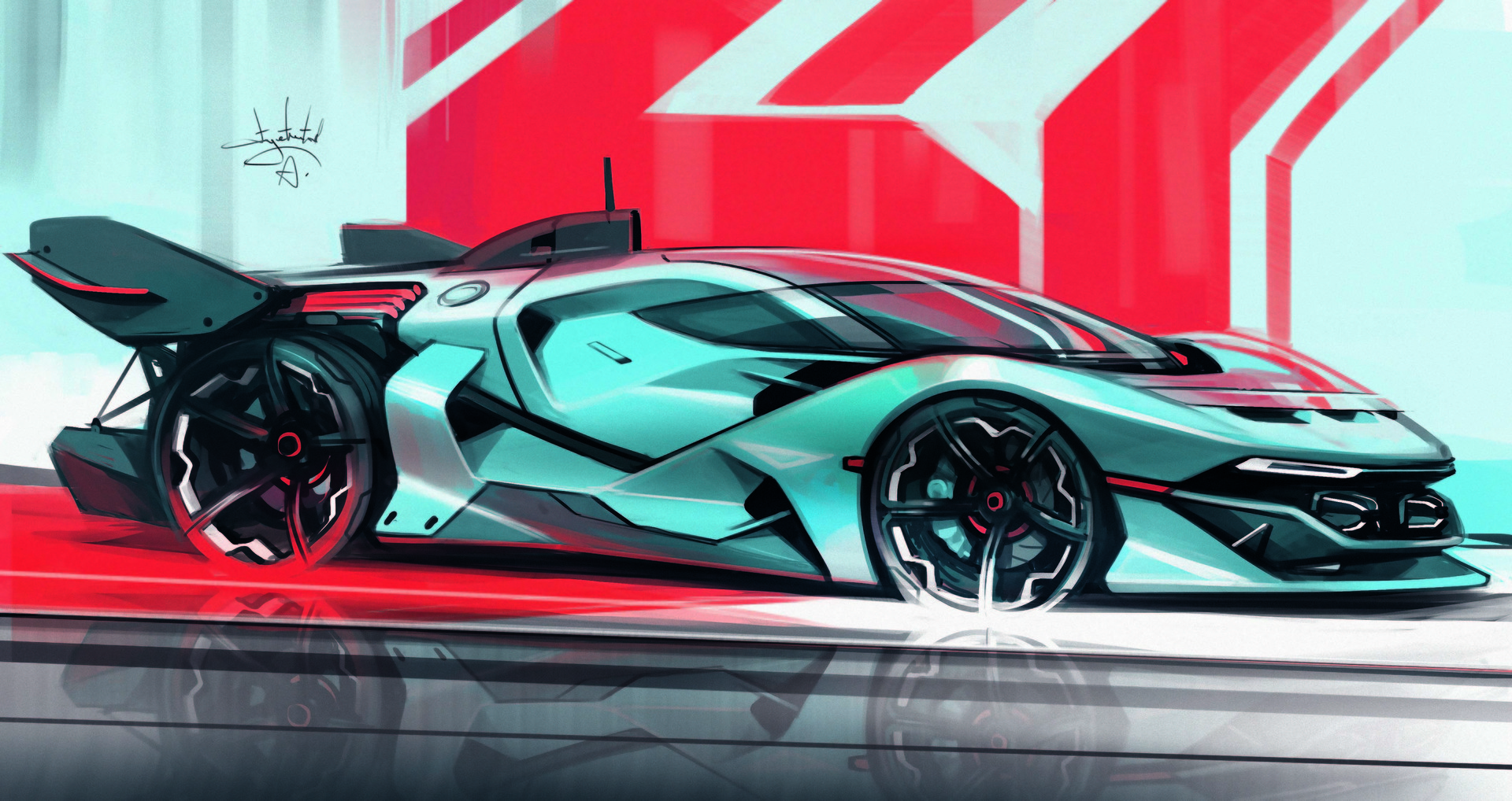 Aleksandr Sidelnikov Concept Car Concept Art Car Light Blue Red 1920x1018