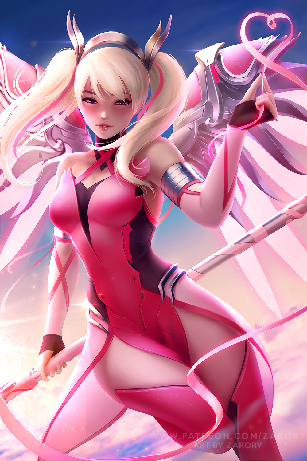 Zarory Drawing Overwatch Women Mercy Blonde Pigtails Weapon Heart Design Pink Pink Clothing Wings Fl 1000x1500