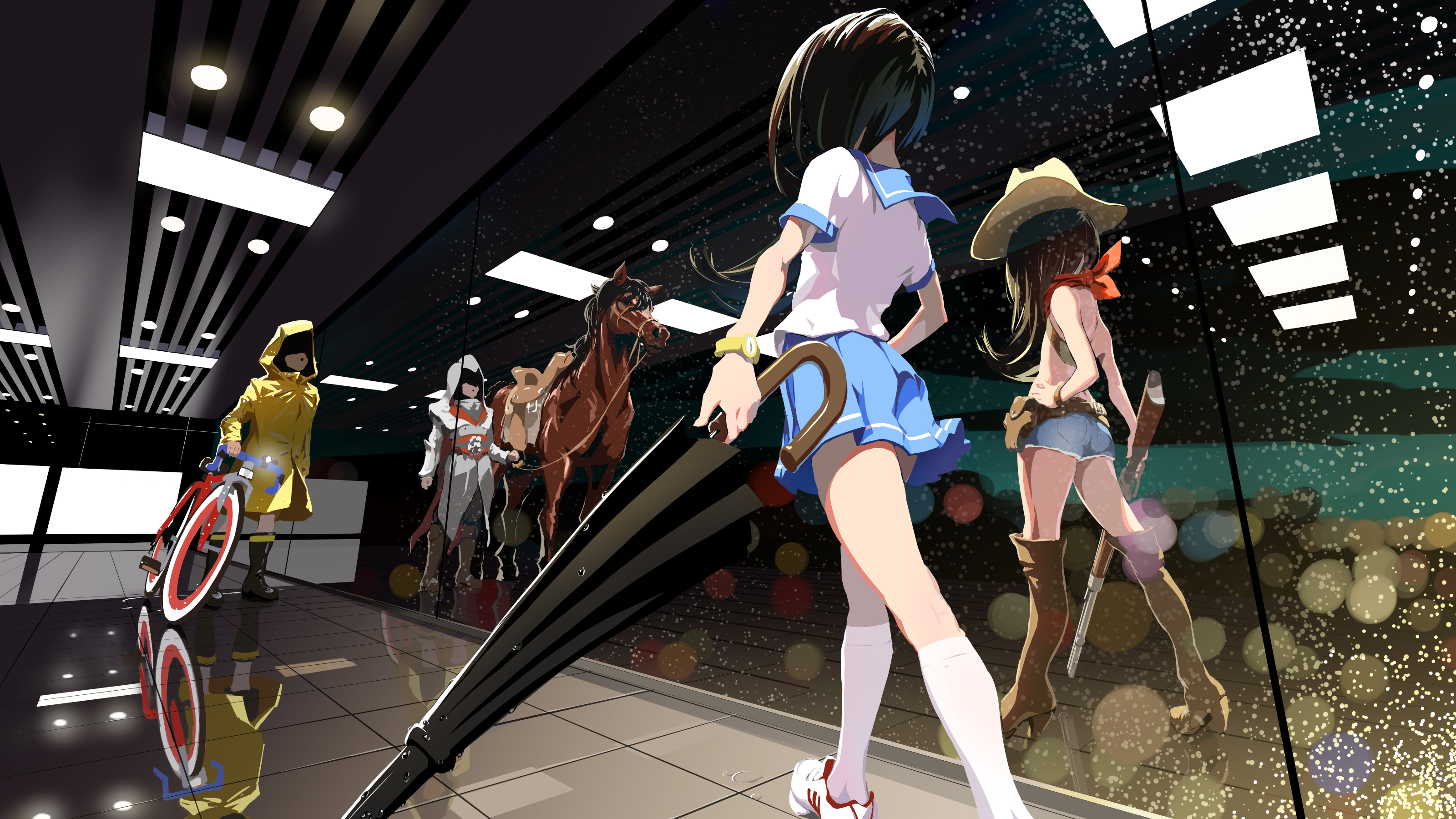 Anime Anime Girls Mirror Mirrored Sailor Uniform Umbrella Dark Hair Long Hair Horse Gun Long Boots S 3200x1800