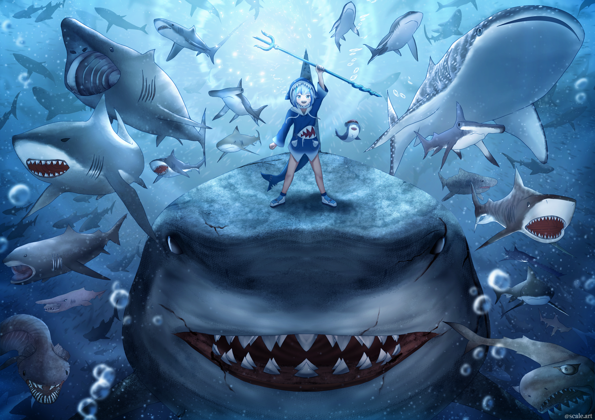 Anime Girls Shark Virtual Youtuber Gawr Gura Anime Pointy Teeth Shark Teeth Hololive 2047x1447