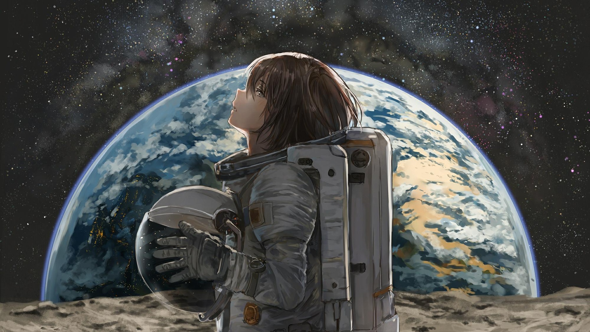 Astronaut Anime Girls Earth Space Brunette Catzz 1920x1080