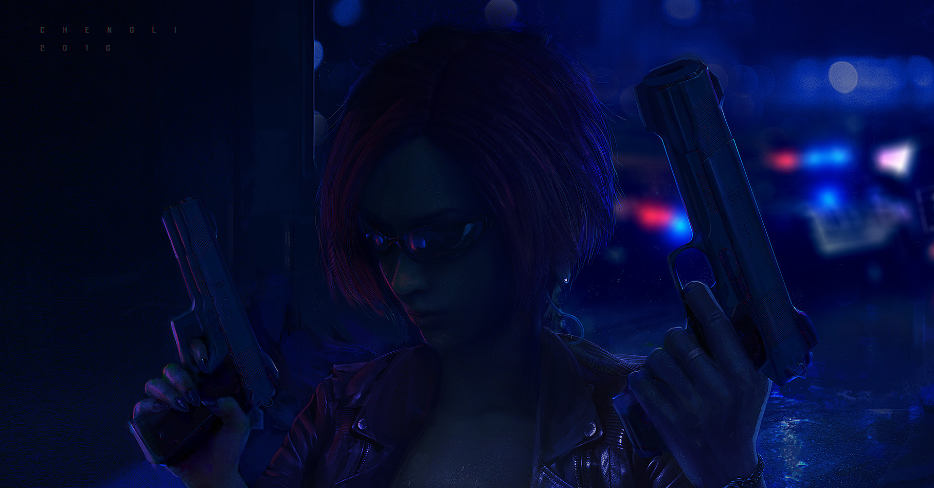 Cheng Li Science Fiction Cyberpunk Warrior Girls Neon Artwork Night Girls With Guns Gun Weapon Dark  1920x1003