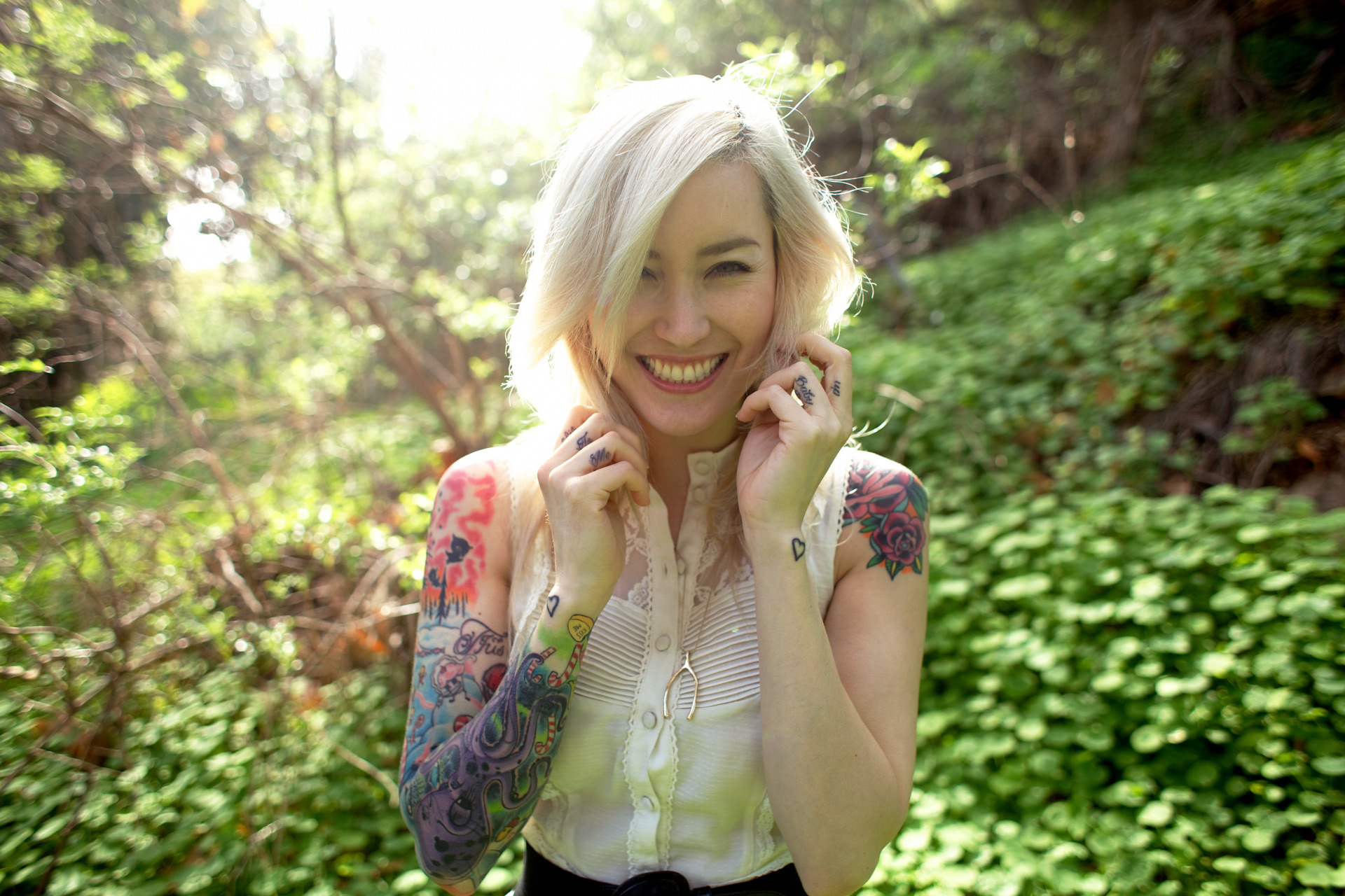 Looking At Viewer Smiling Women White Hair Tattoo Sleeve Model White Tops Blonde Tattoo Brittany Bao 1920x1280