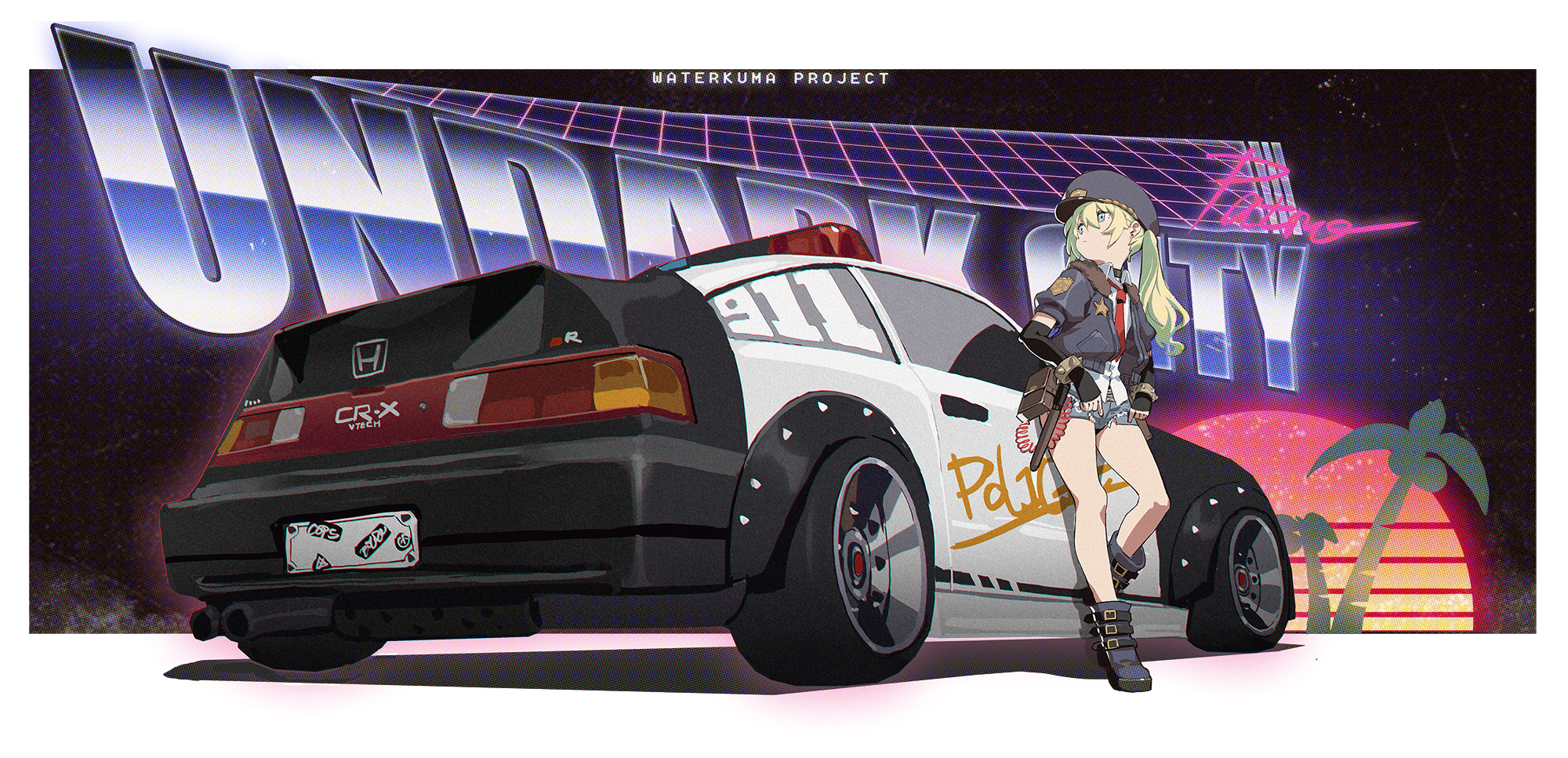 Anime Anime Girls Digital Art Artwork Waterkuma Car Honda Police Cars Police Women 2000x966