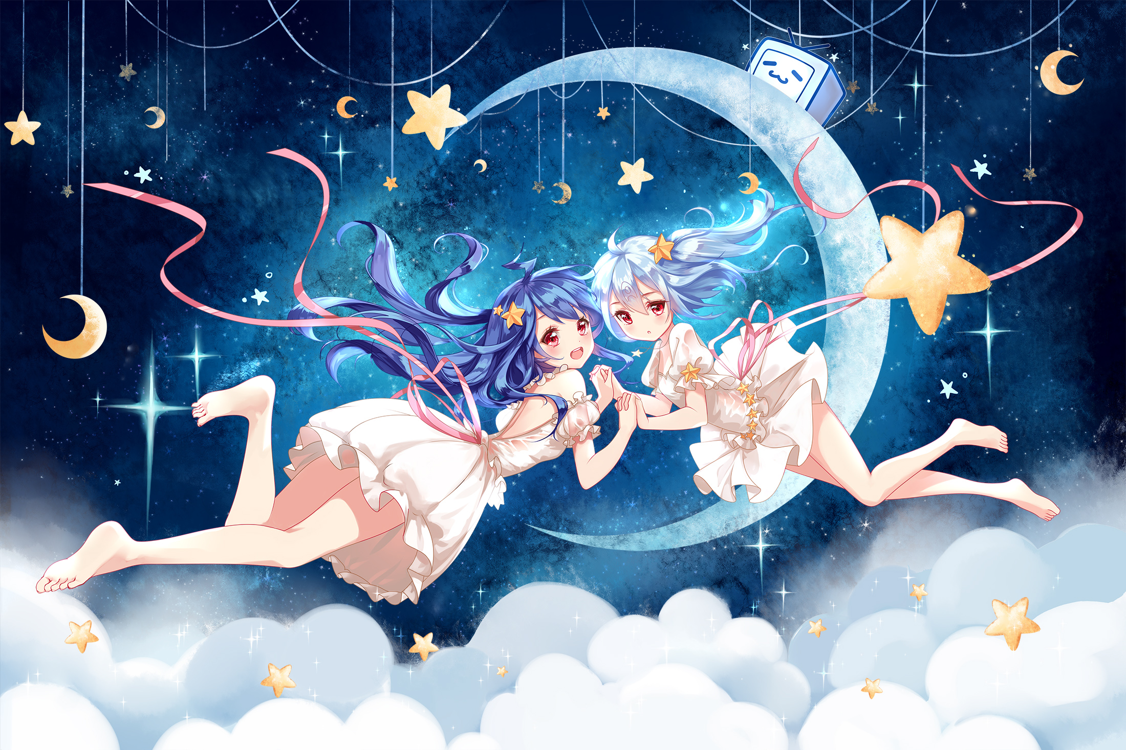 Anime Girls Clouble Bilibili Two Women Dress Floating Crescent Sky Night Stars Clouds 2200x1467