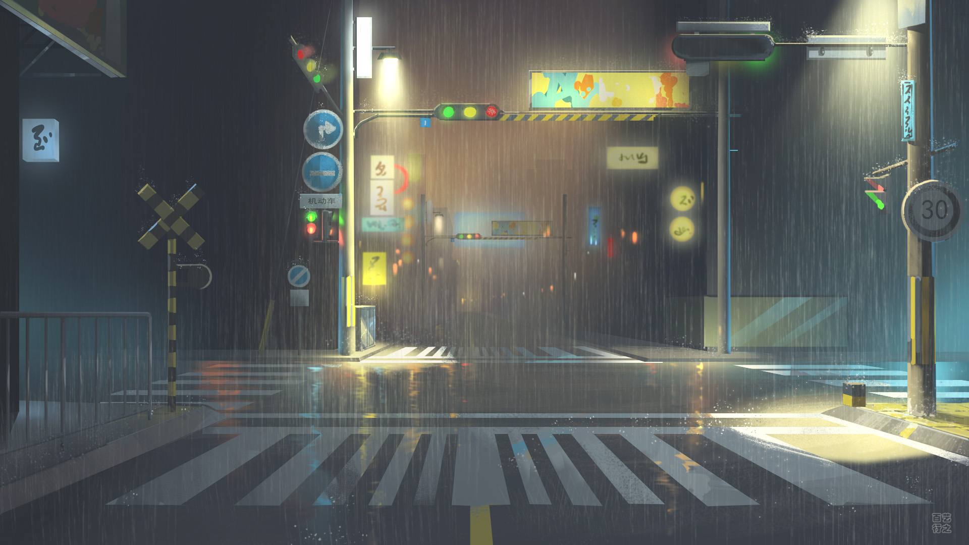 LV Digital Art Background Art Night Light Effects Rain Street Traffic Lights Reflection 1920x1080