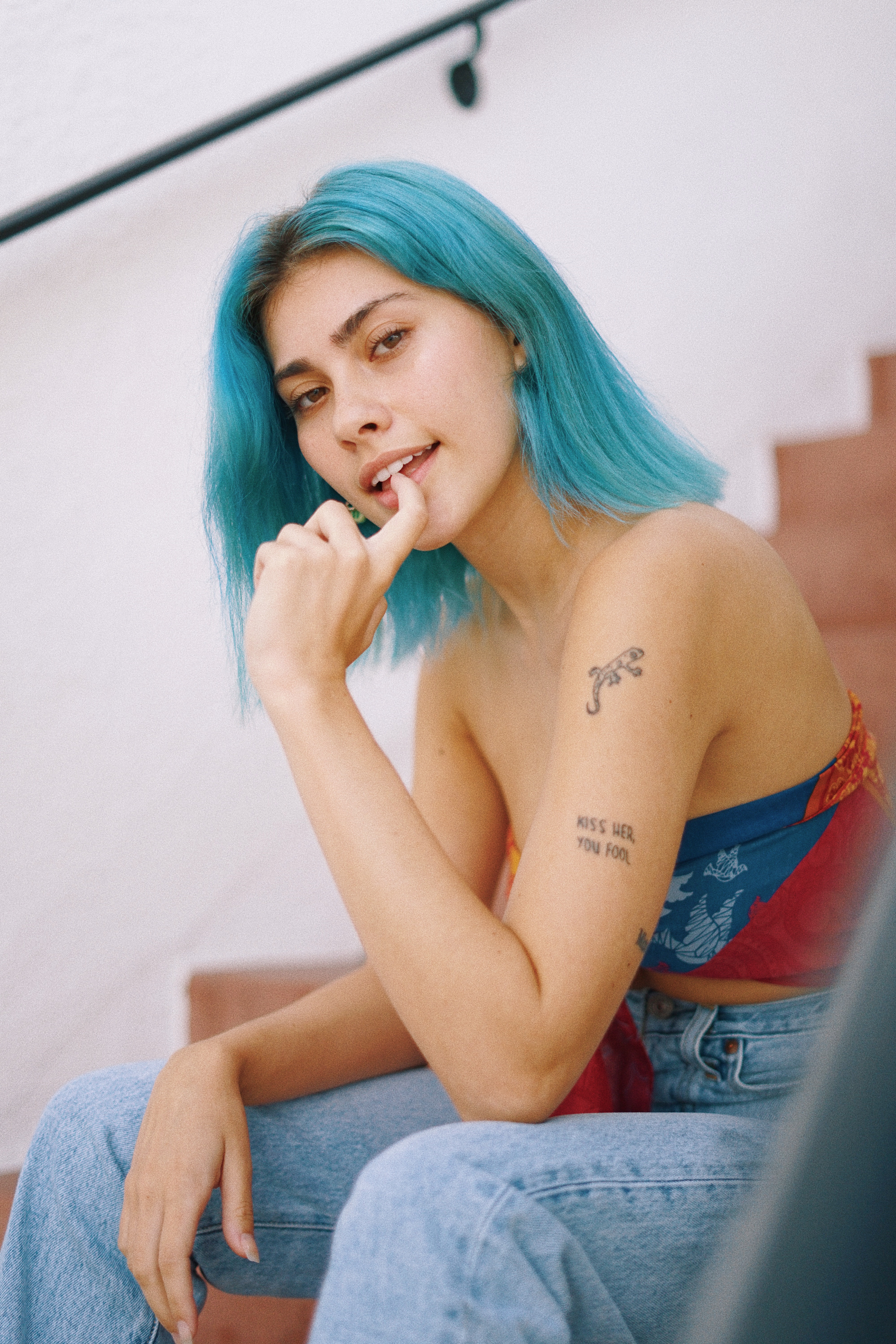 Kaylie Altman Women Blue Hair Looking At Viewer Tattoo Model 4000x6000