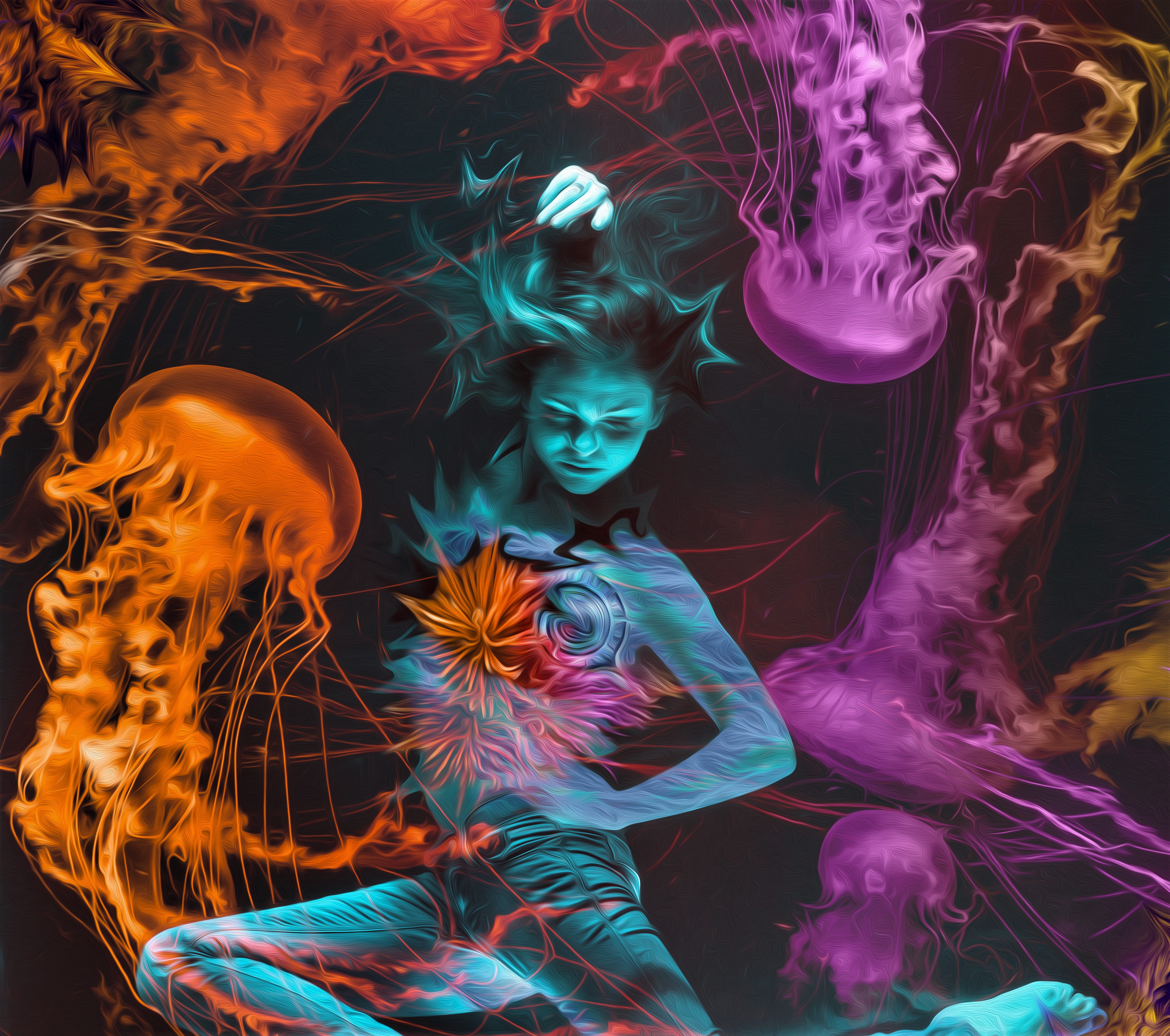 Artistic Girl Jellyfish Oil Painting Underwater Woman 3840x3400