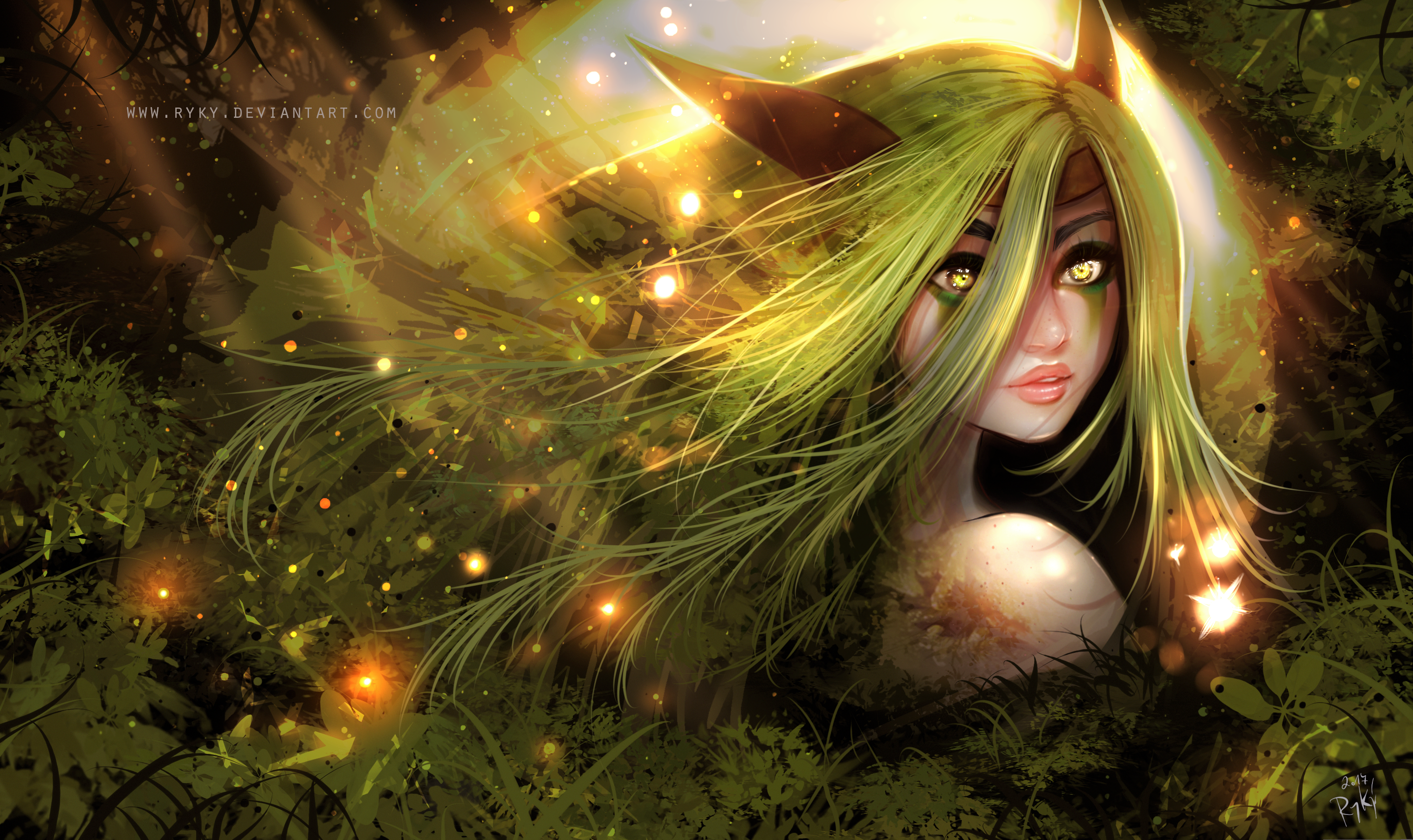 Animal Ears Fantasy Girl Green Hair Woman Yellow Eyes 3032x1804