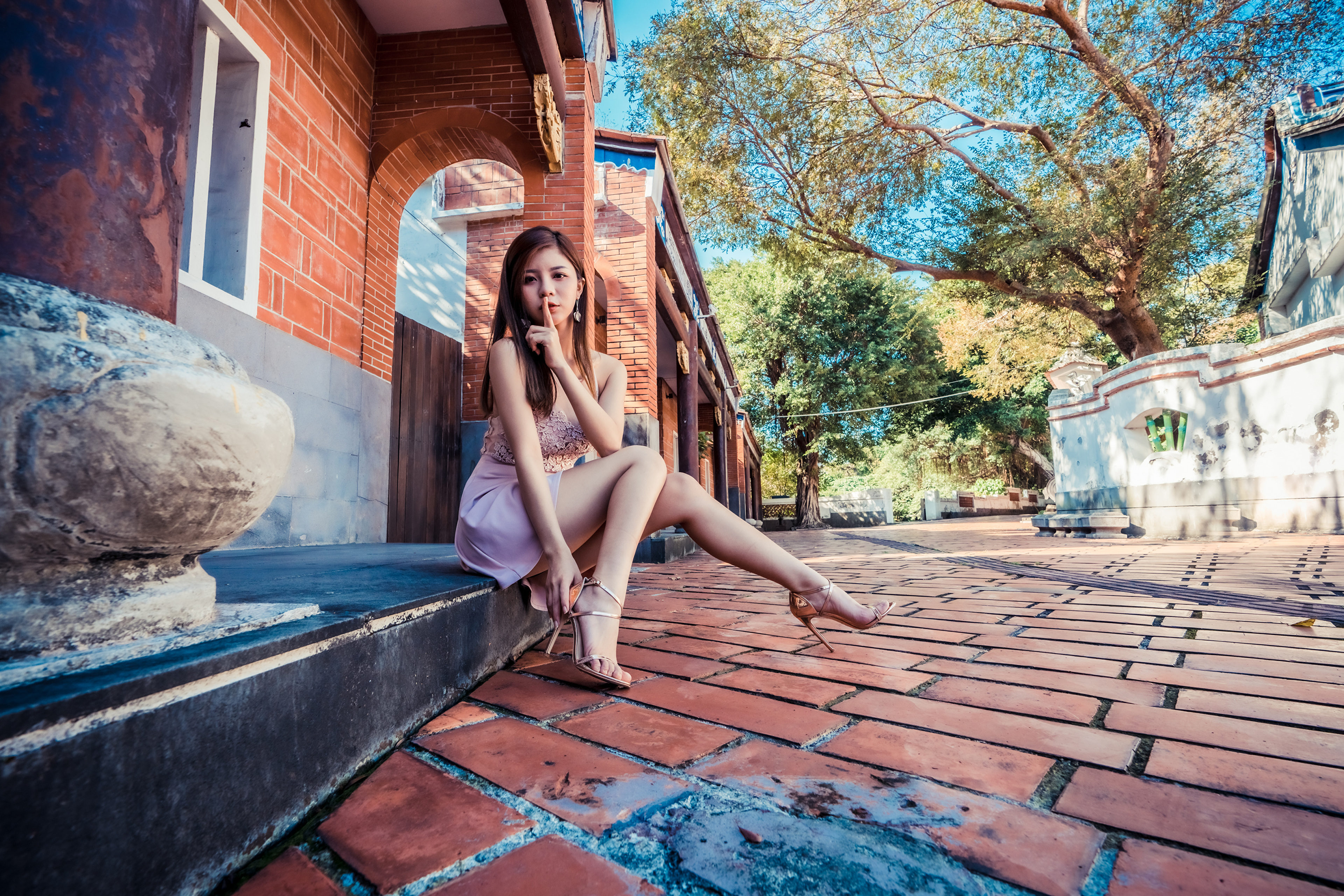 Asian Women Model Sitting High Heeled Shoes Barefoot Tiles Trees Skirt Blouse Bricks Column Earring  3840x2561