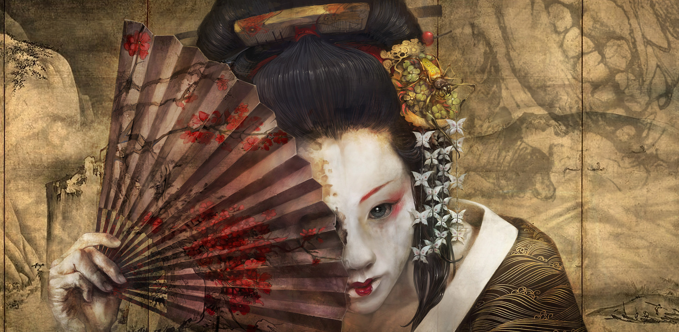 Othon Nikolaidis Makeup Japanese Women Fan Art Dark Hair Digital Painting Women Looking At Viewer Ja 2268x1108