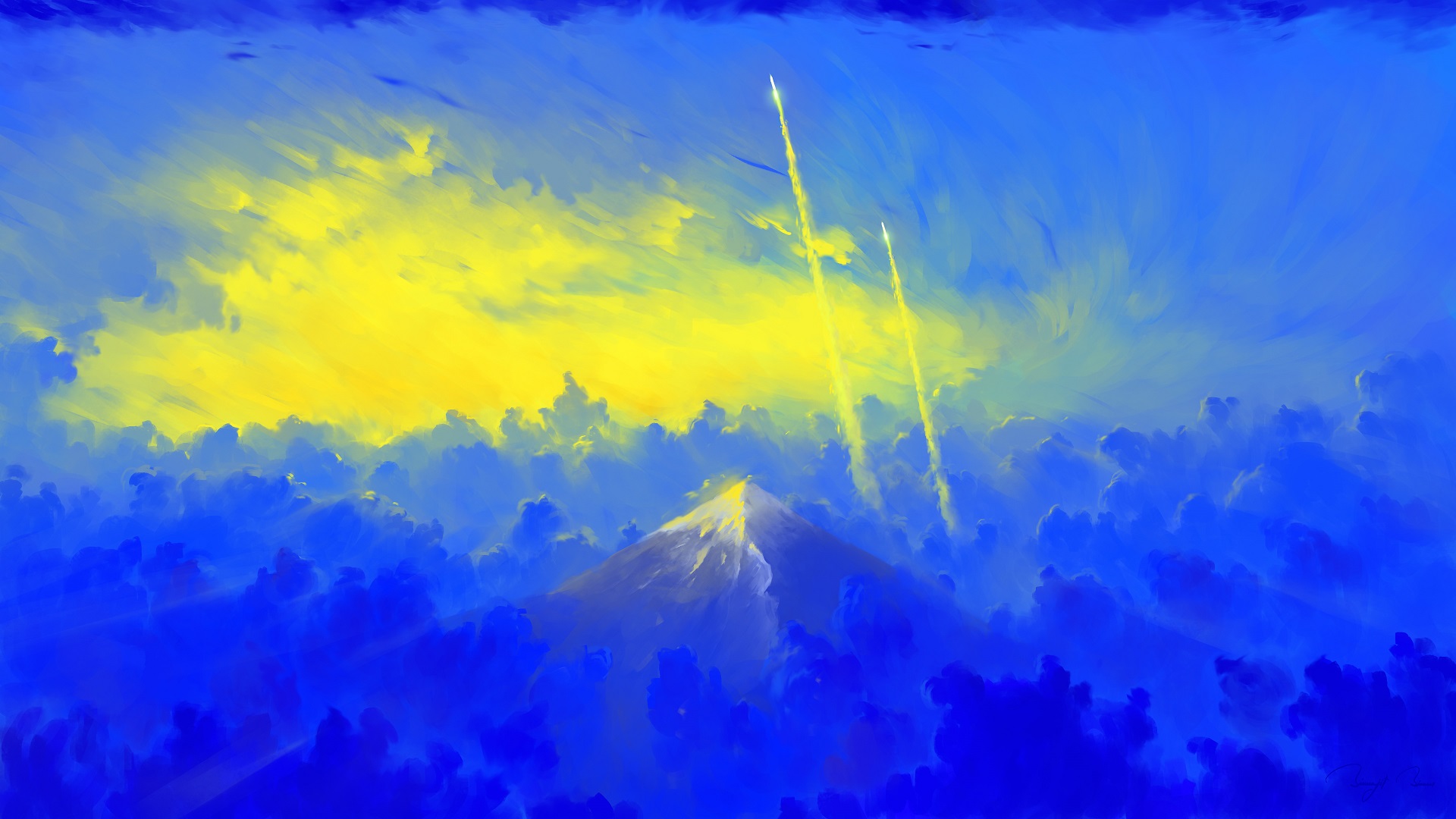 BisBiswas Mountains Clouds Sunrise Rocket Digital Art 1920x1080
