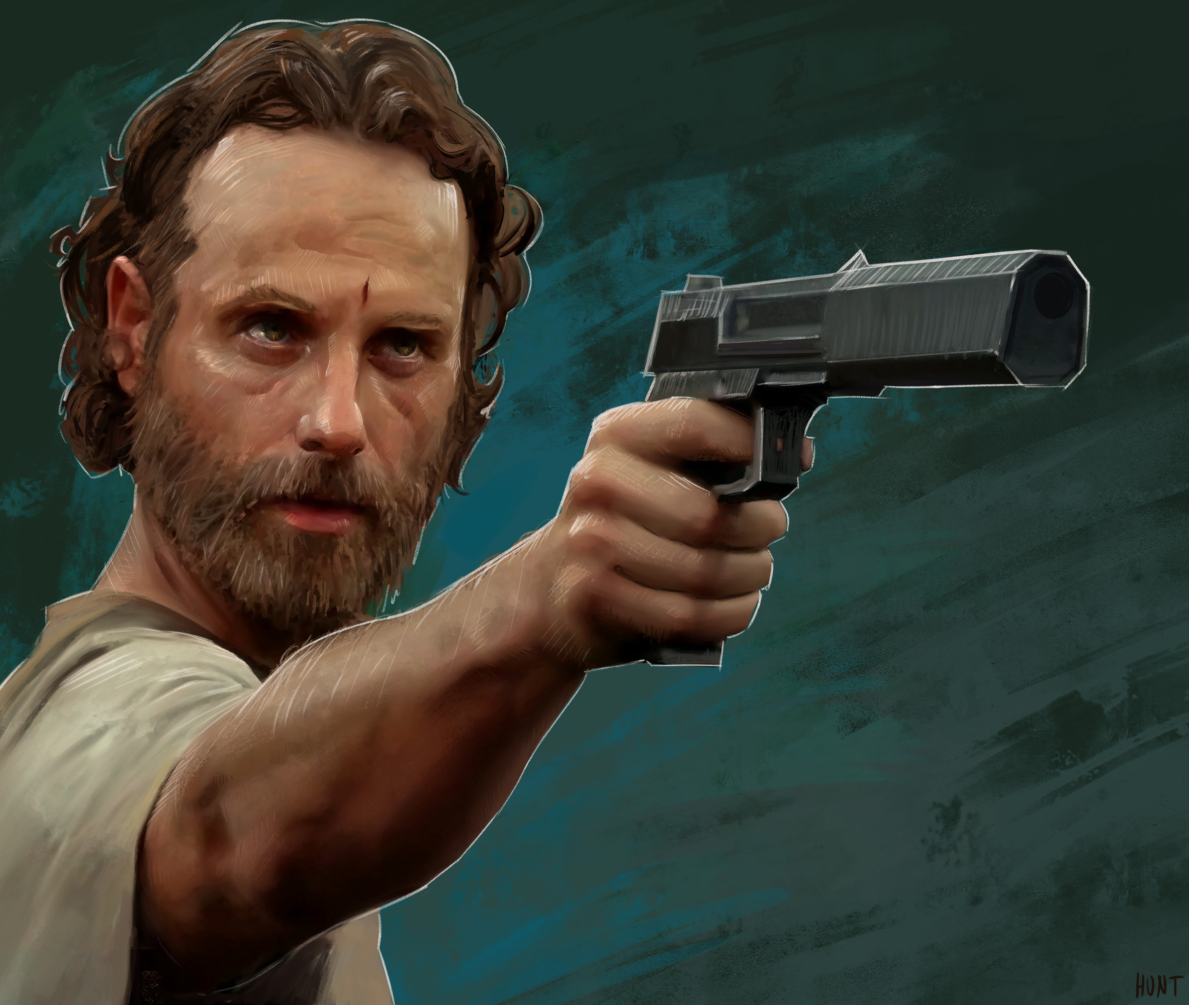 Andrew Hunt Fan Art Digital Art Gun Digital Painting Pistol The Walking Dead Men Andrew Lincoln Cele 2365x2000