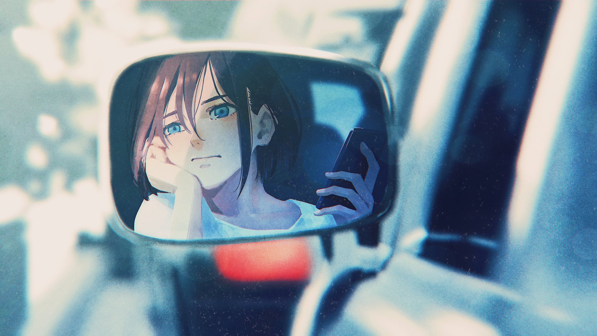 Anime Anime Girls Brunette Blue Eyes Short Hair Smartphone Mirror Car Looking At The Side Kunitarou  2048x1152