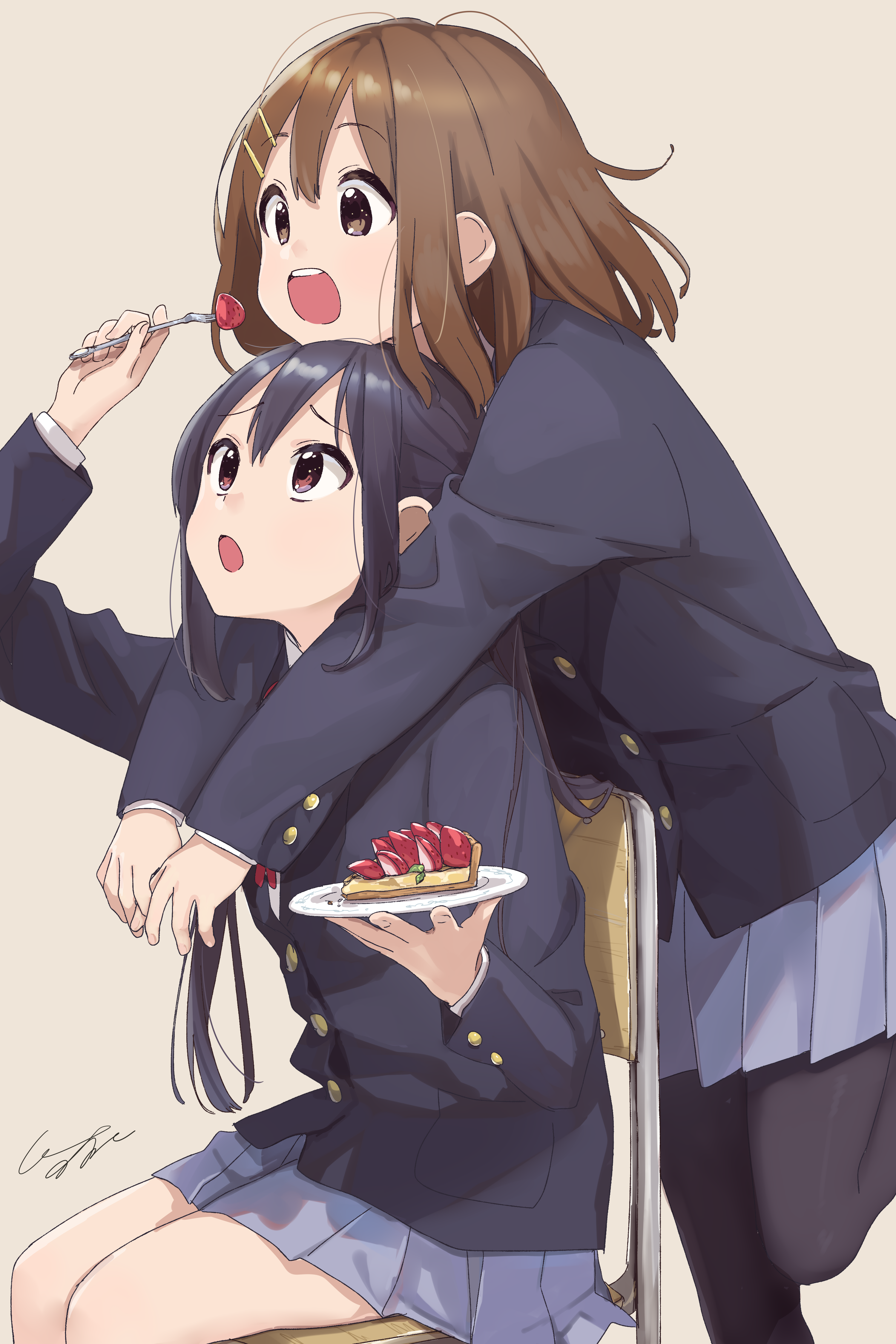 K ON Anime Girls School Uniform JK Anime Girls Eating Long Hair Short Hair Hugging Tart Strawberries 3000x4500