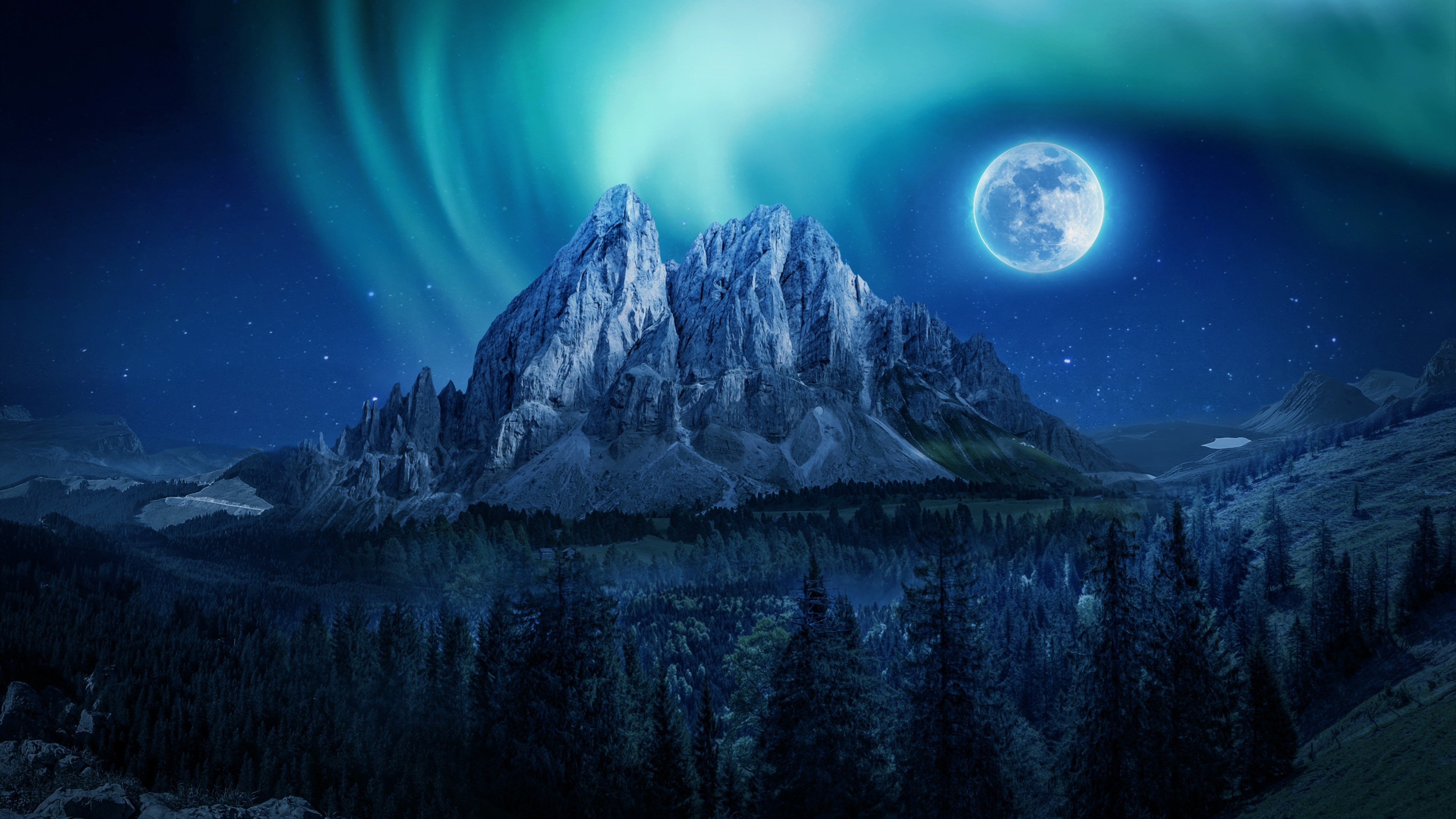 Aurora Borealis Full Moon Mountain Night 3840x2160