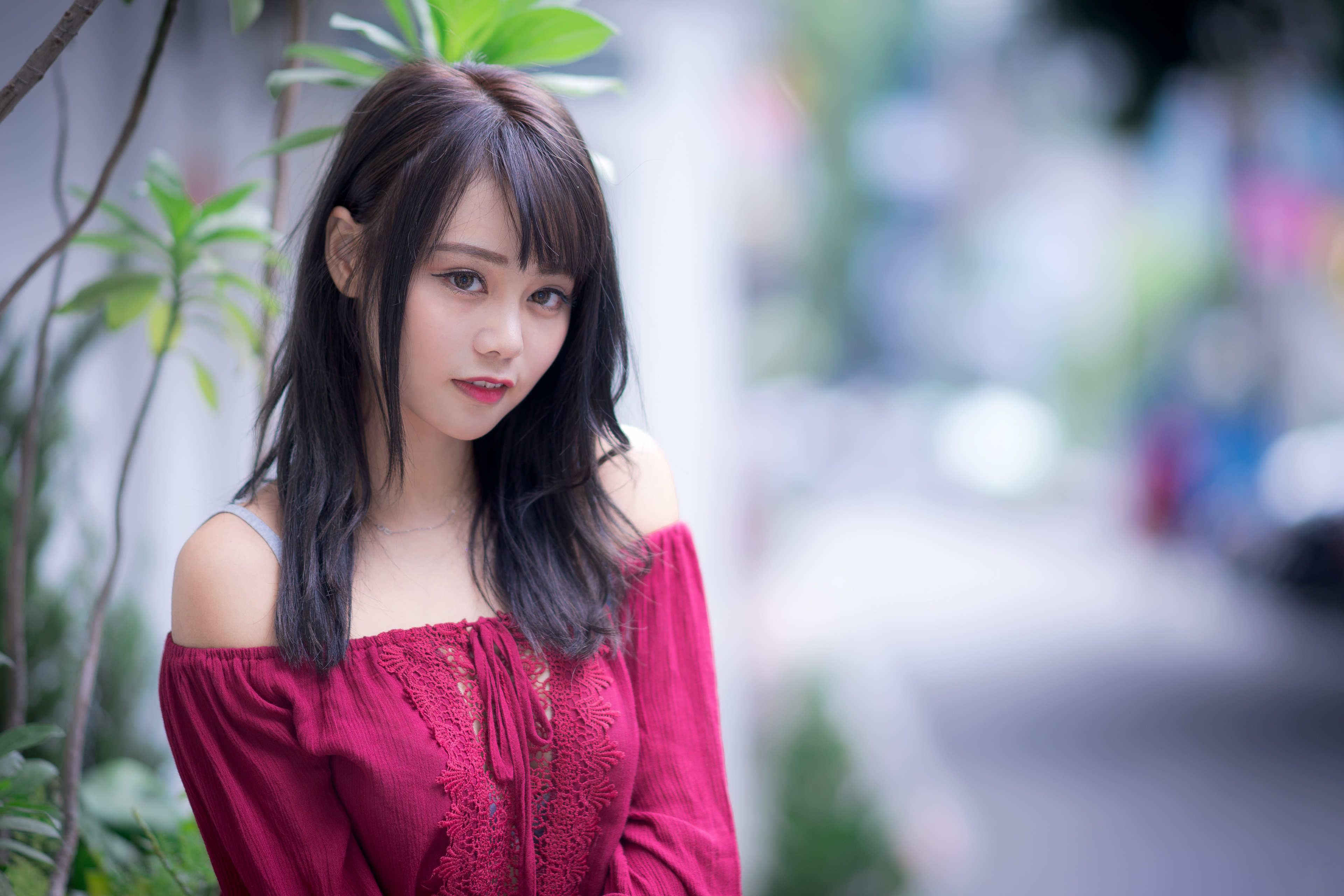 Asian Model Women Long Hair Brunette Depth Of Field Bare Shoulders Red Dress Branch Leaves Looking A 3840x2560