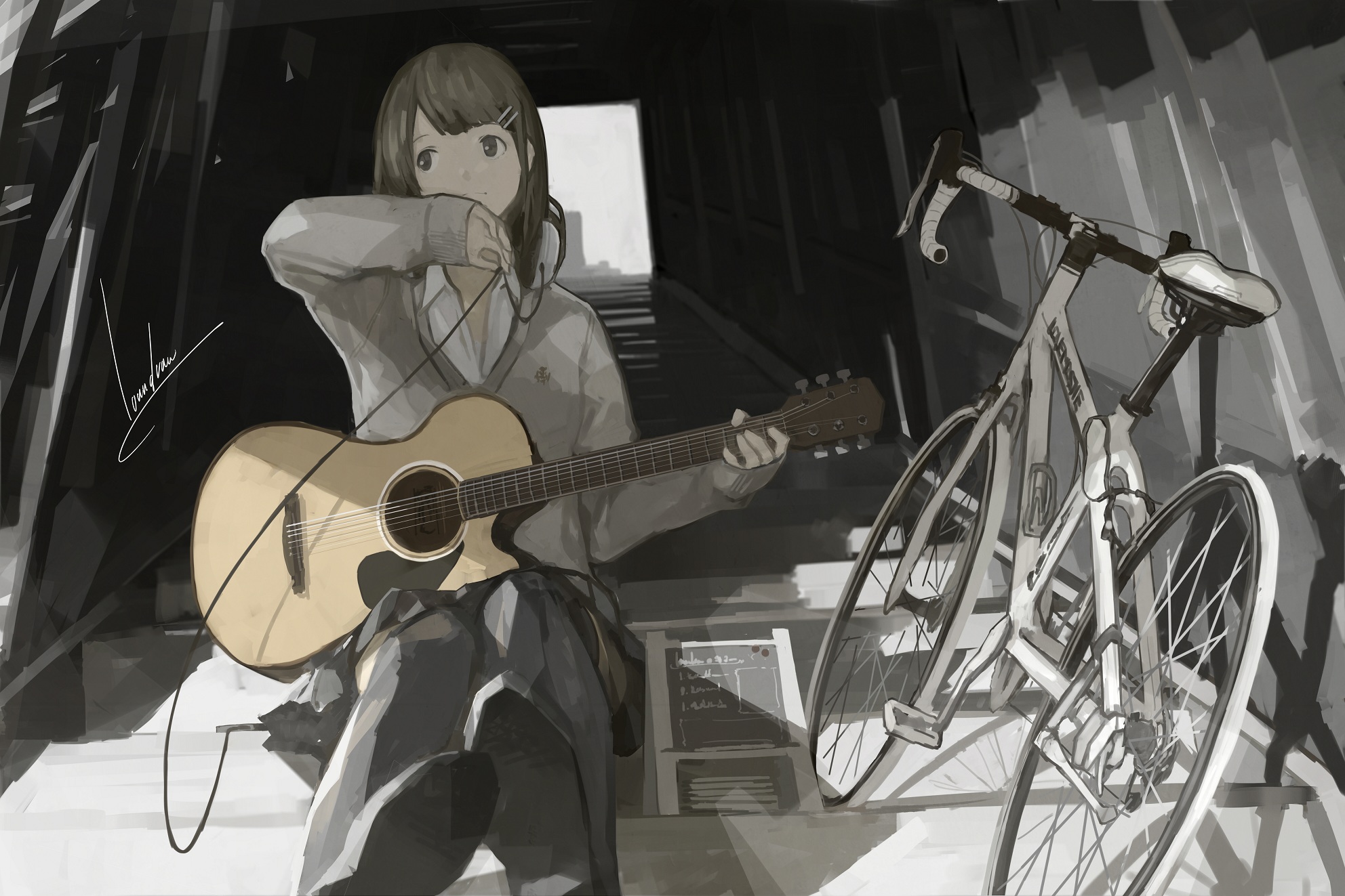 Anime Girls Artwork Skirt Bicycle Guitar Music Long Sleeves Loundraw Brunette Sitting Headphones Sch 1984x1323