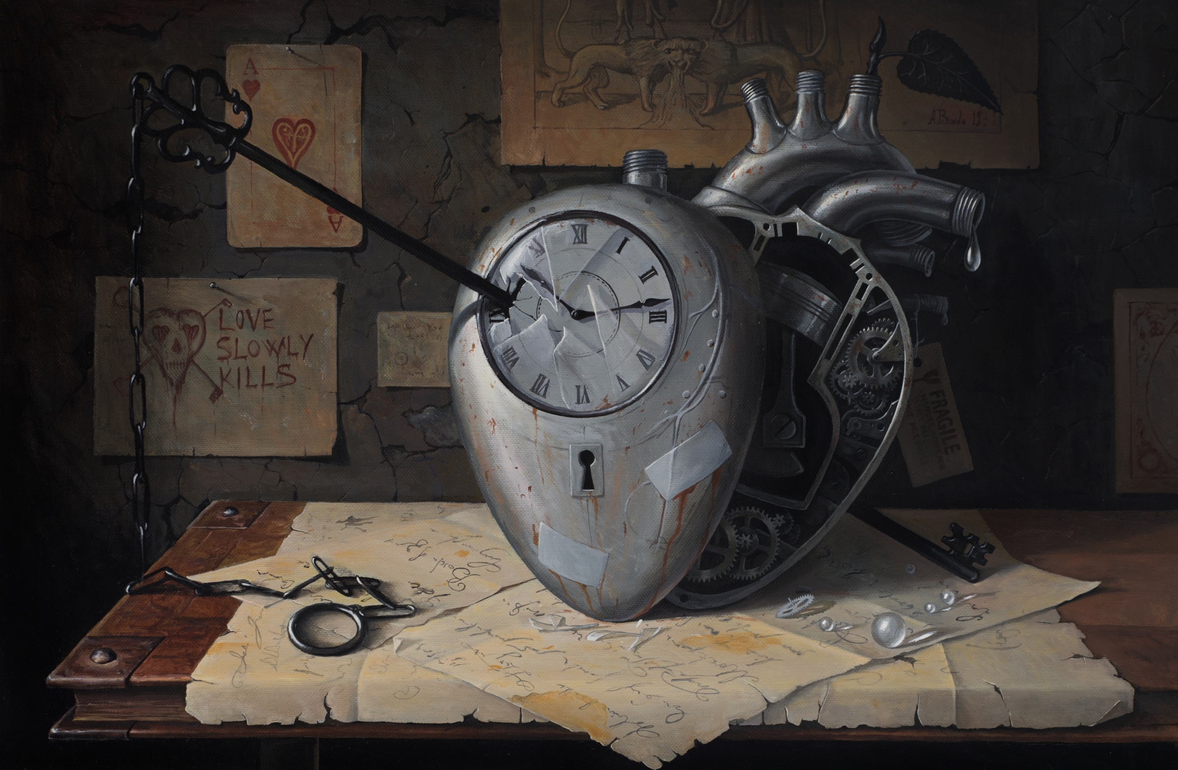 Artwork Painting Adrian Borda Surreal Heart Clocks Clockwork Keys Broken Glass Broken Table Pipe Pap 2400x1570