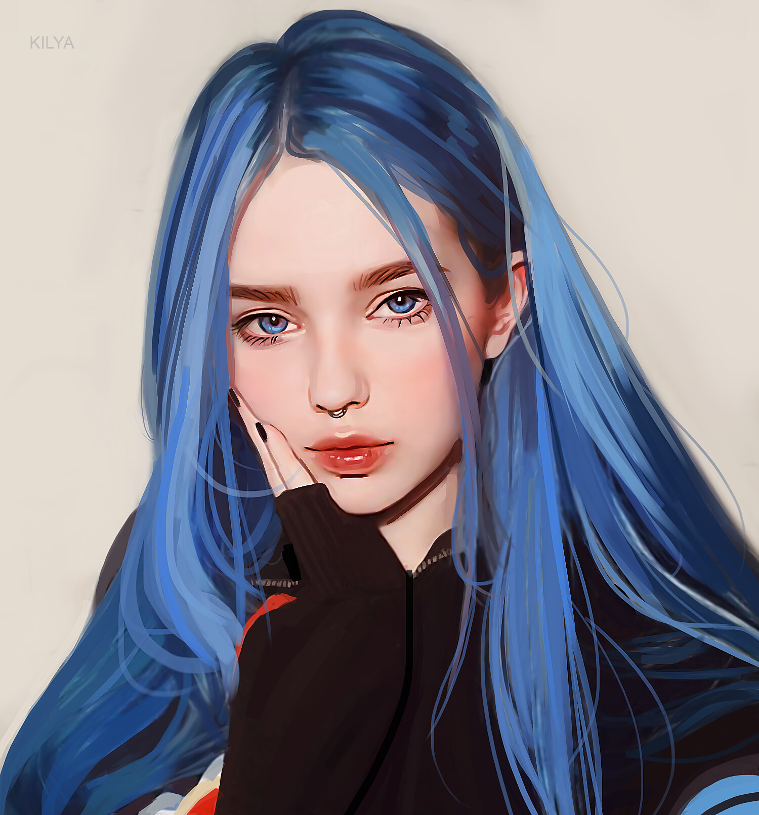 Women Portrait Artwork Blue Hair Face Looking At Viewer White Background Simple Background Nose Ring 1500x1612
