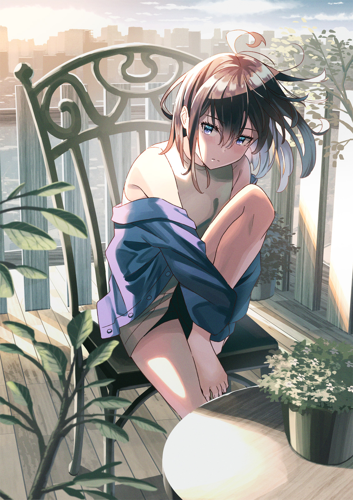 Portrait Display Anime Anime Girls Komizuki Koh Rd Cityscape Chair Barefoot Brunette 1131x1600