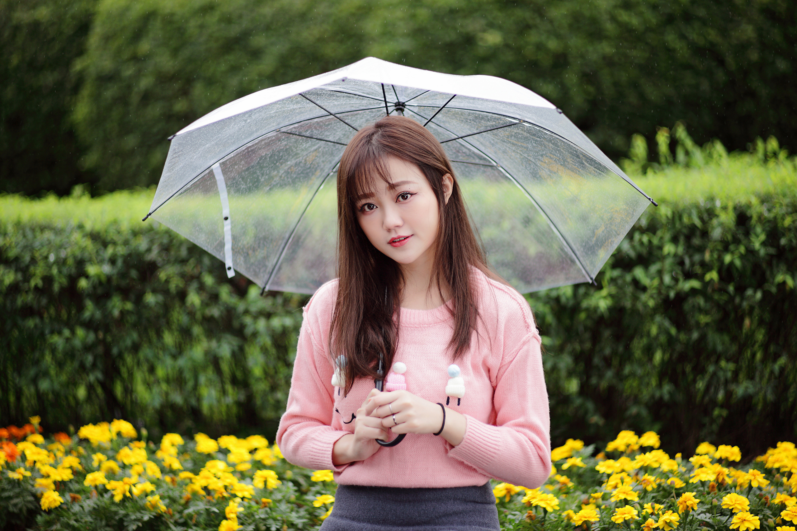 Asian Model Women Long Hair Umbrella Pink Pullover Bracelets Bushes Flowers Trees Depth Of Field 2560x1706