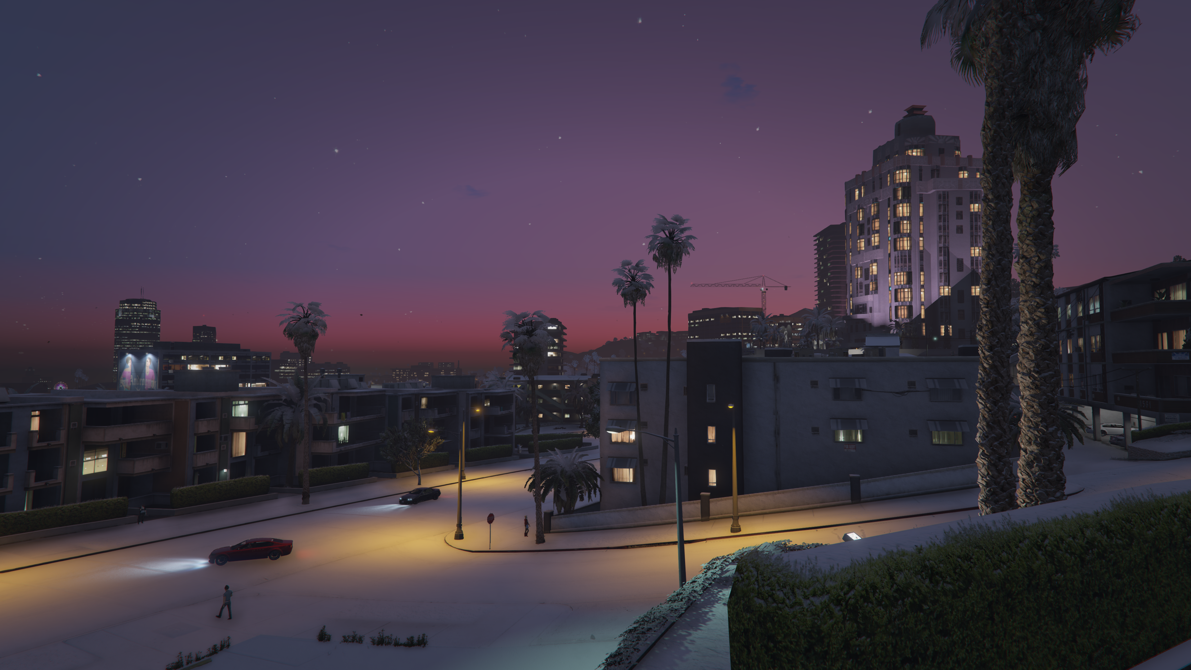 Grand Theft Auto V Snow Palm Trees Sunset Car Night Sky Stars Los Santos Cranes Machine 3840x2160