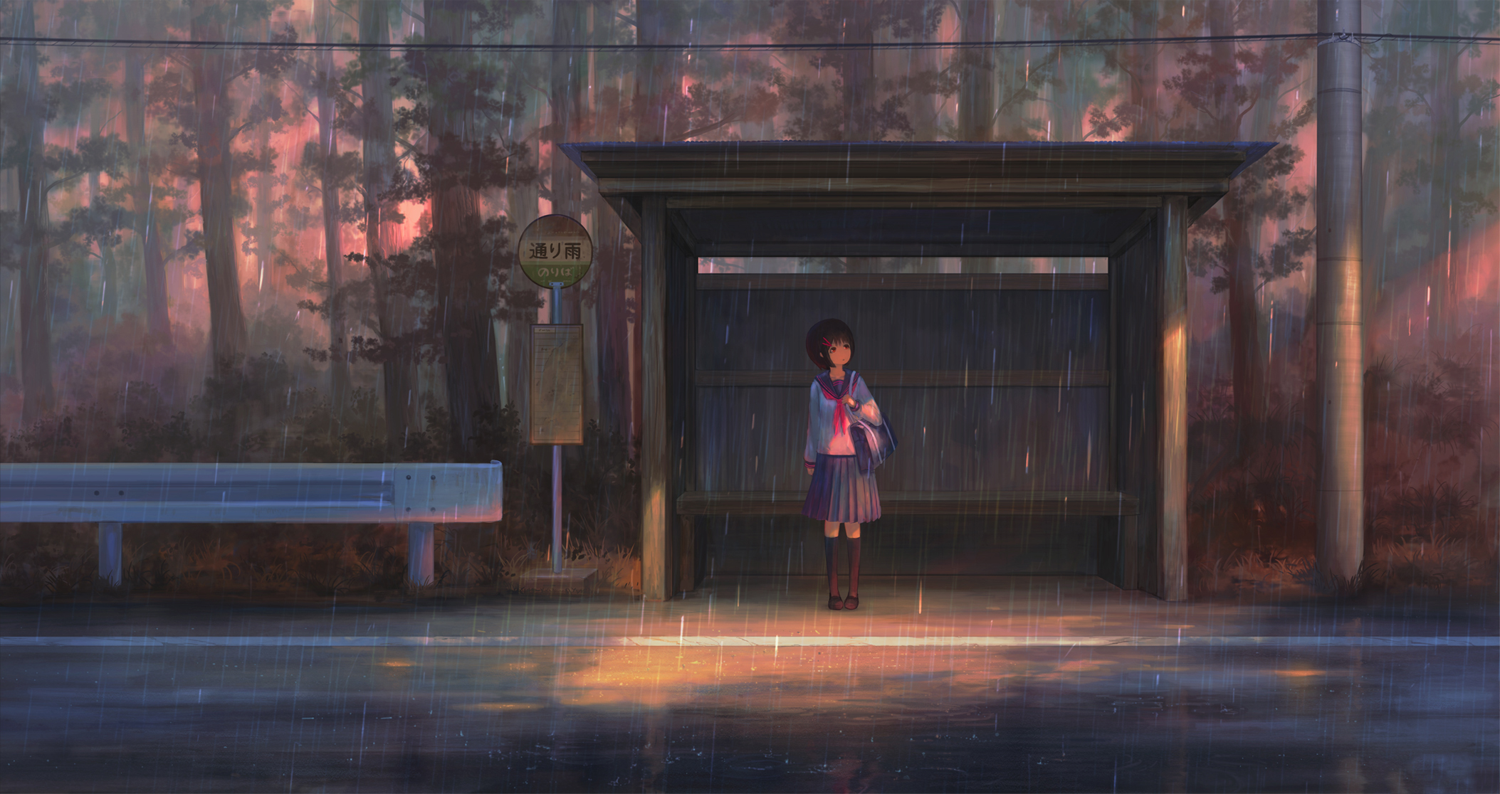 Anime Girls Original Characters School Uniform Bus Stop Rain Nasitaki 2107x1116
