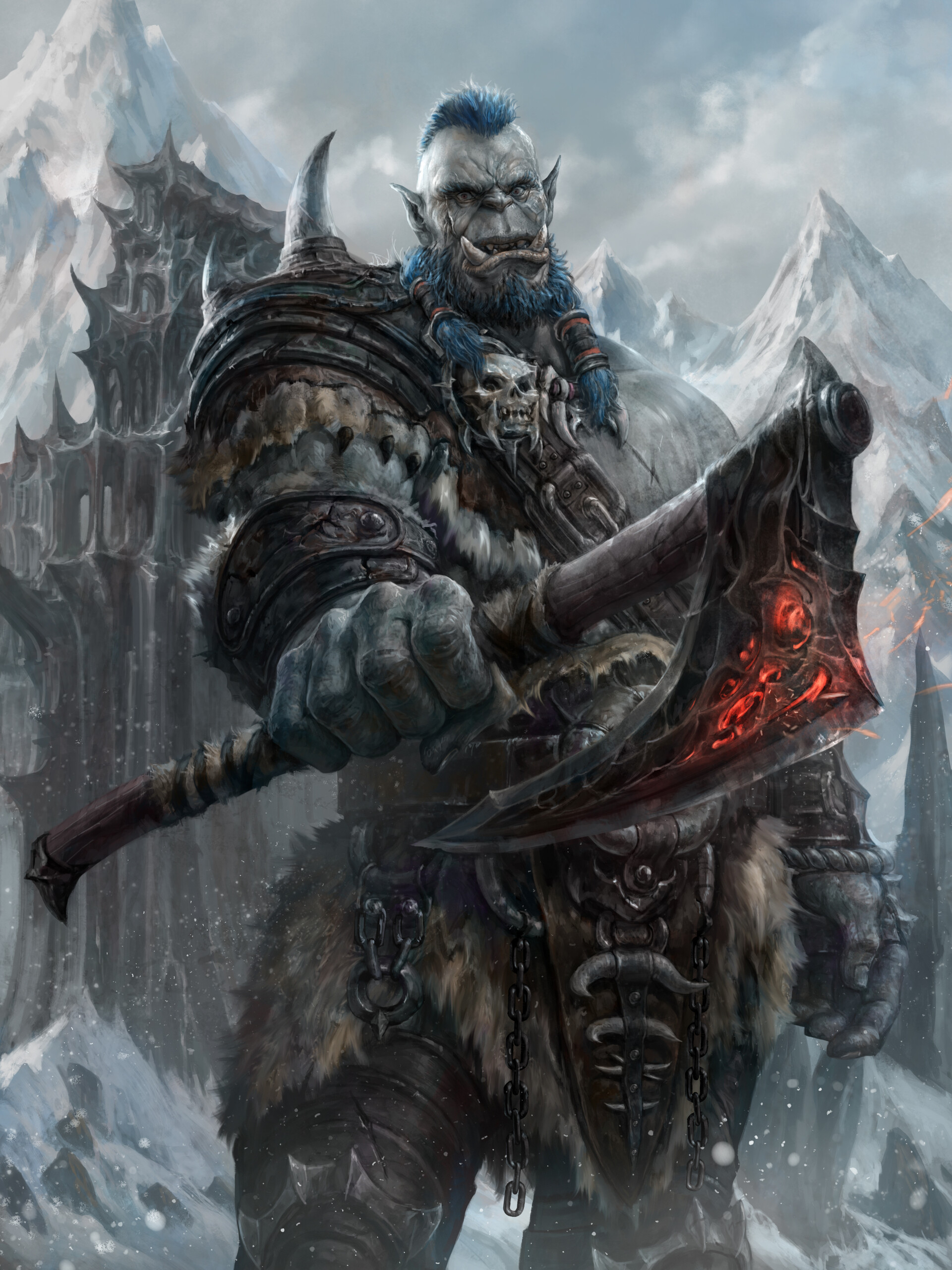 Artwork Fantasy Art Orcs Axes Warrior Blue Hair Standing Weapon Snow 1920x2560