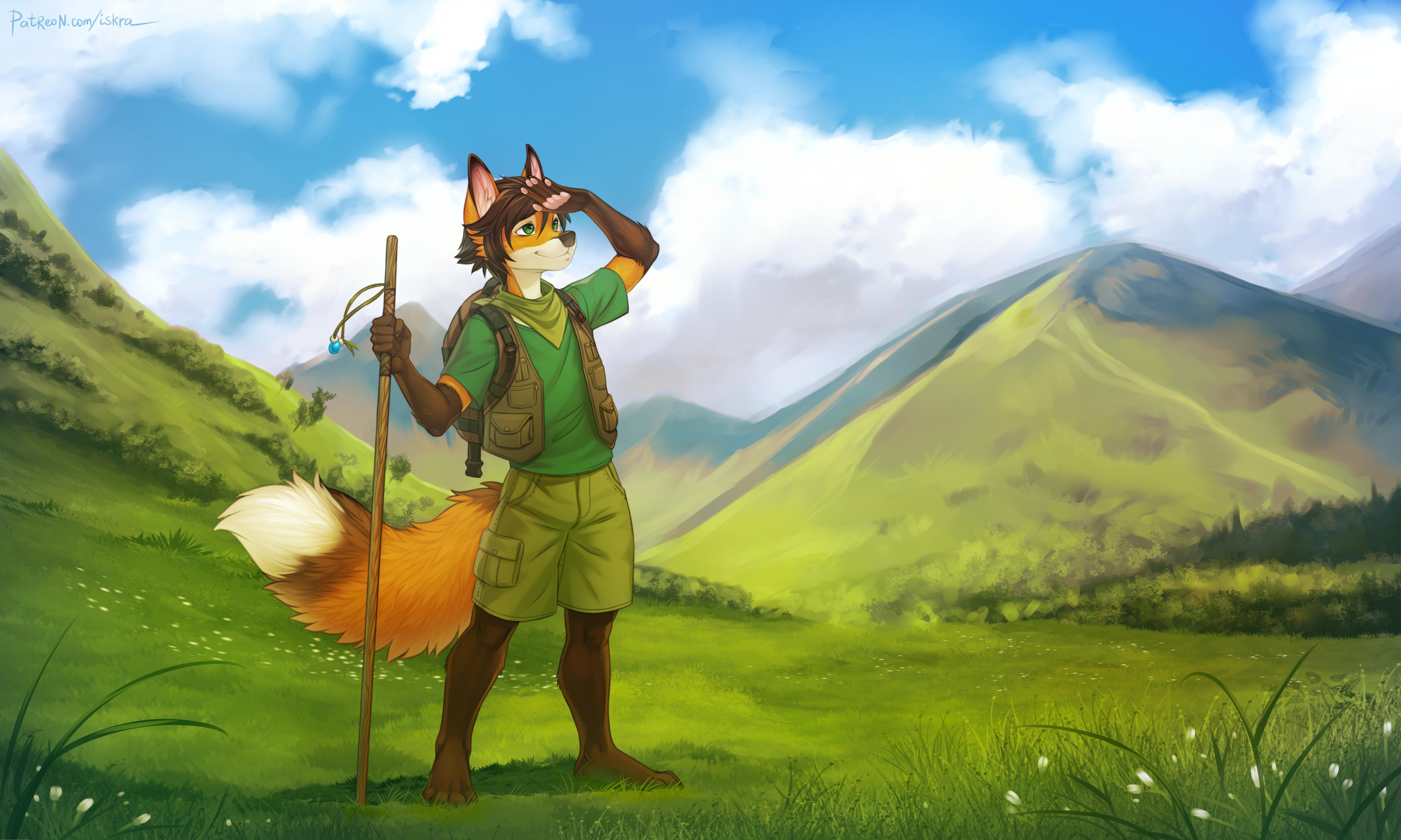 Furry Anthro Fox Ears Mountains Grass Clouds Tail 5000x3000