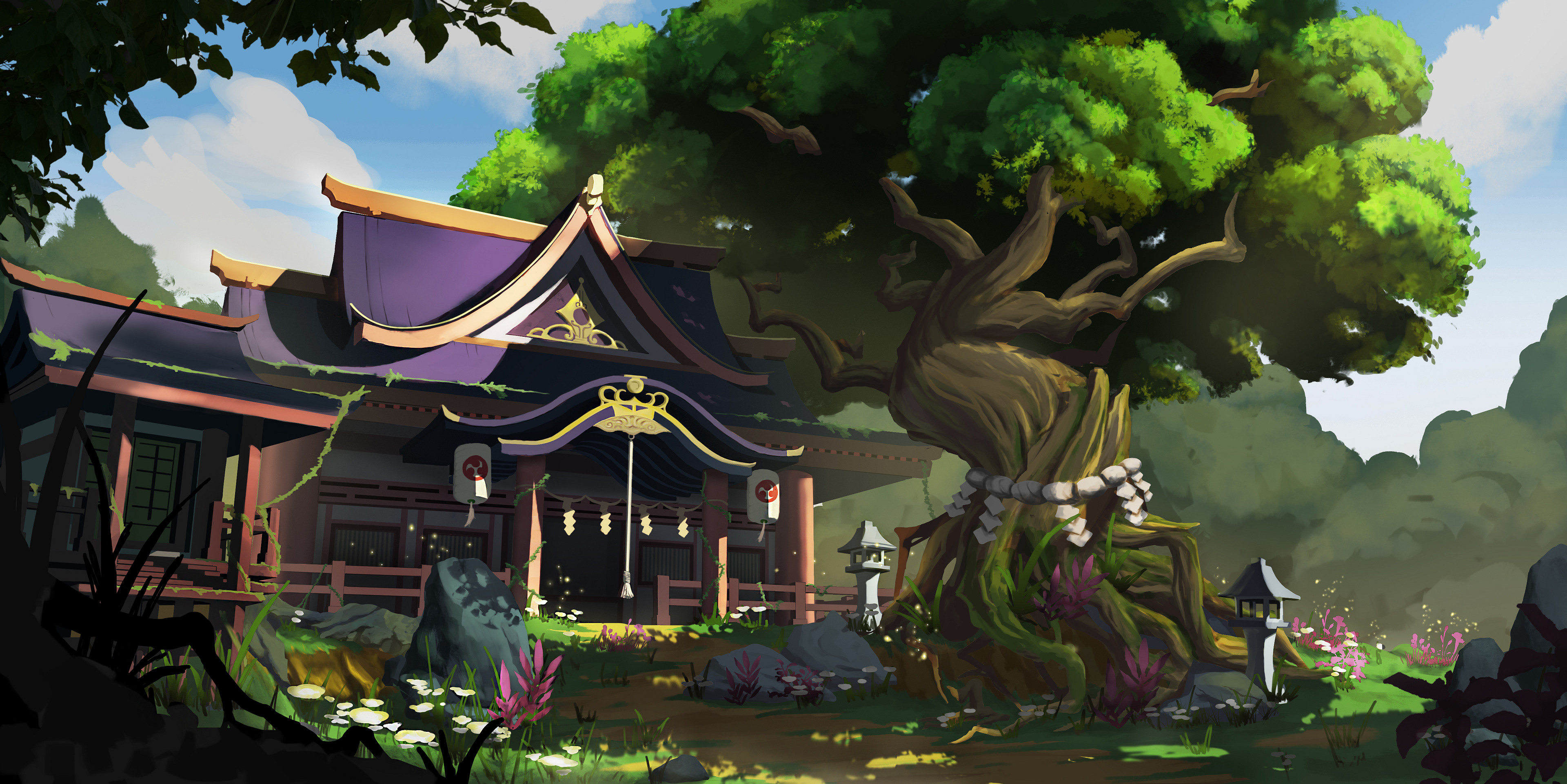 Artwork Digital Art Landscape Temple Old Tree Japanese Art Loo DeJing Roots 3840x1923