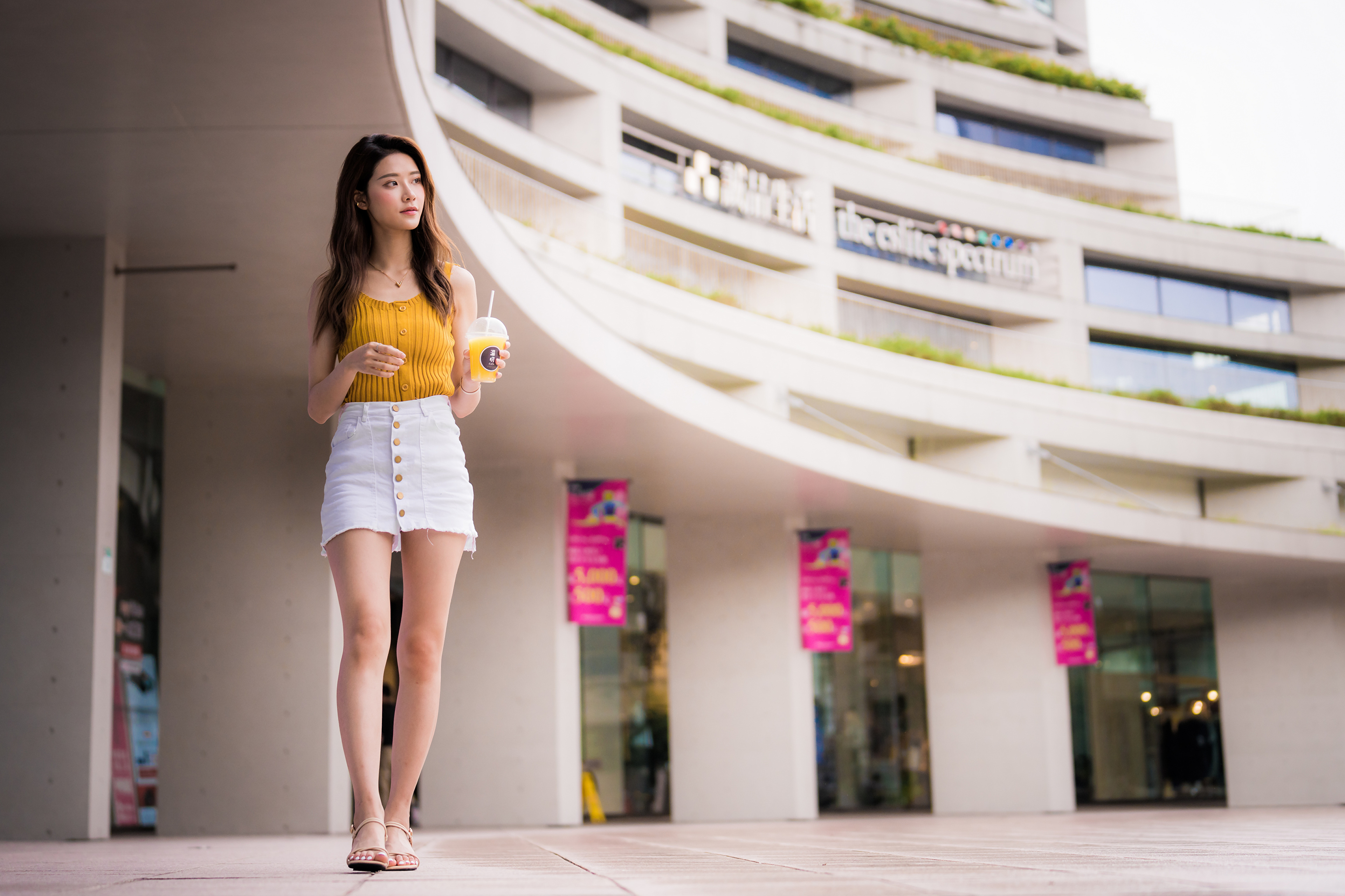 Asian Model Women Long Hair Brunette White Skirt Yellow Shirt Barefoot Sandal Building Walking Juice 3840x2559