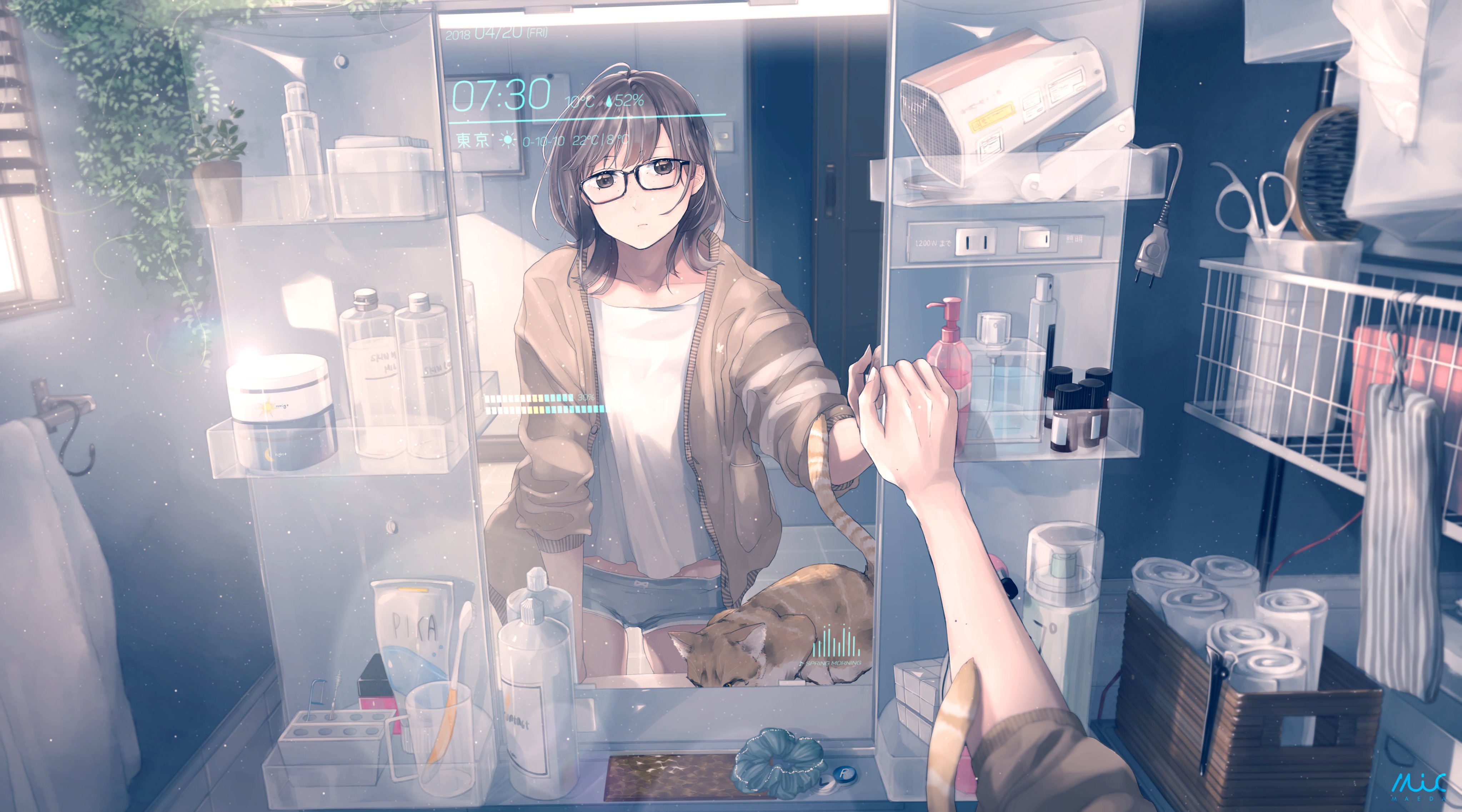 Anime Anime Girls Mirror Reflection Cats Brunette Standing Indoors Glasses Maeda Mic 4093x2274