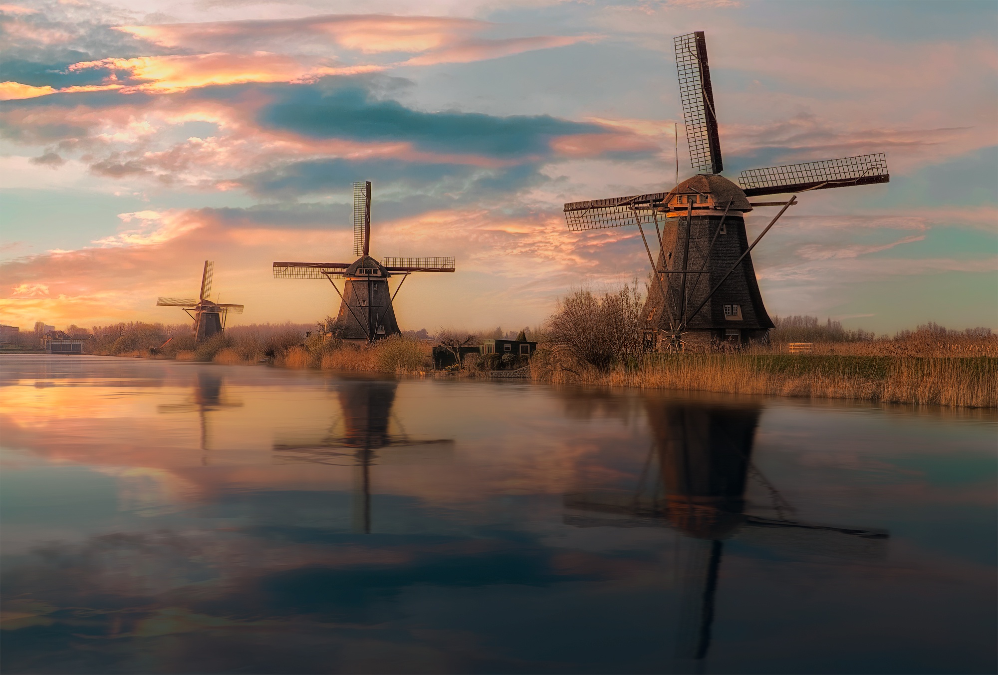 Building Reflection River Windmill 2000x1353
