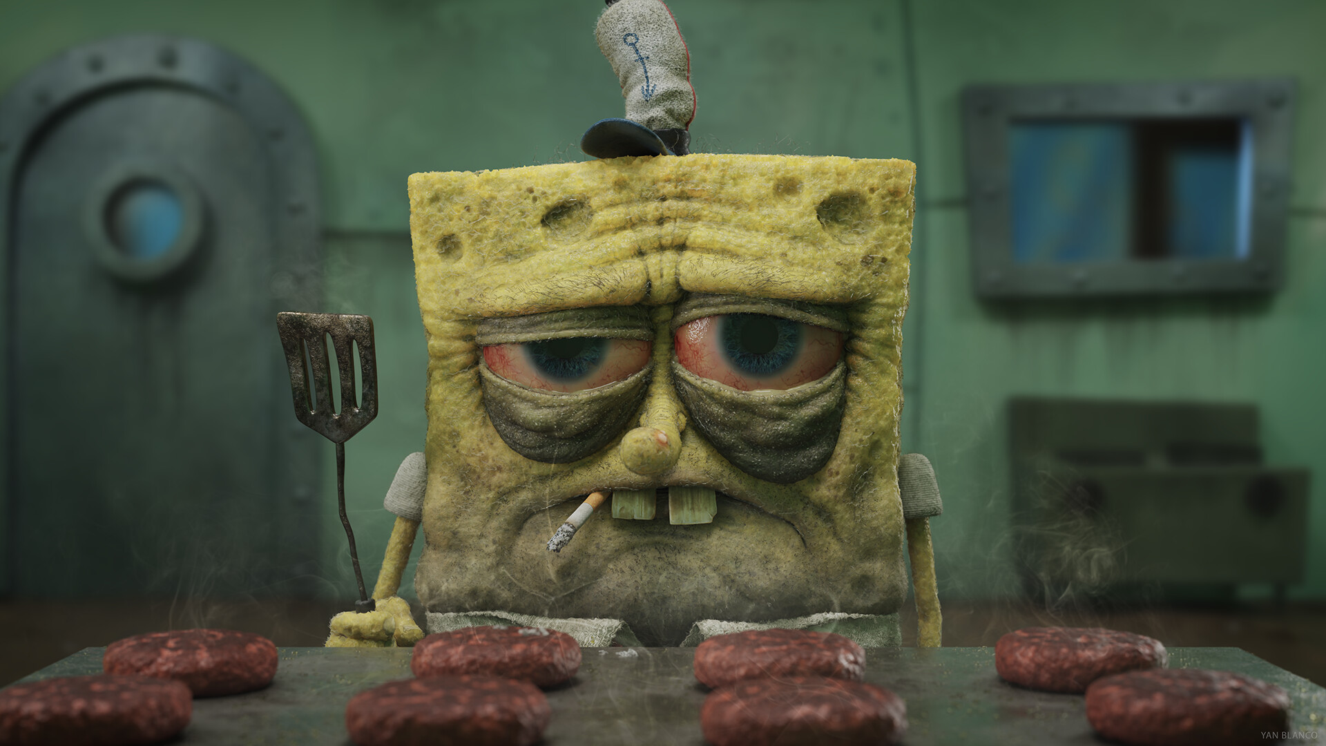 Yan Blanco Spongebob Cigarettes Fast Food Hamburgers Stove Digital Art 1920x1080