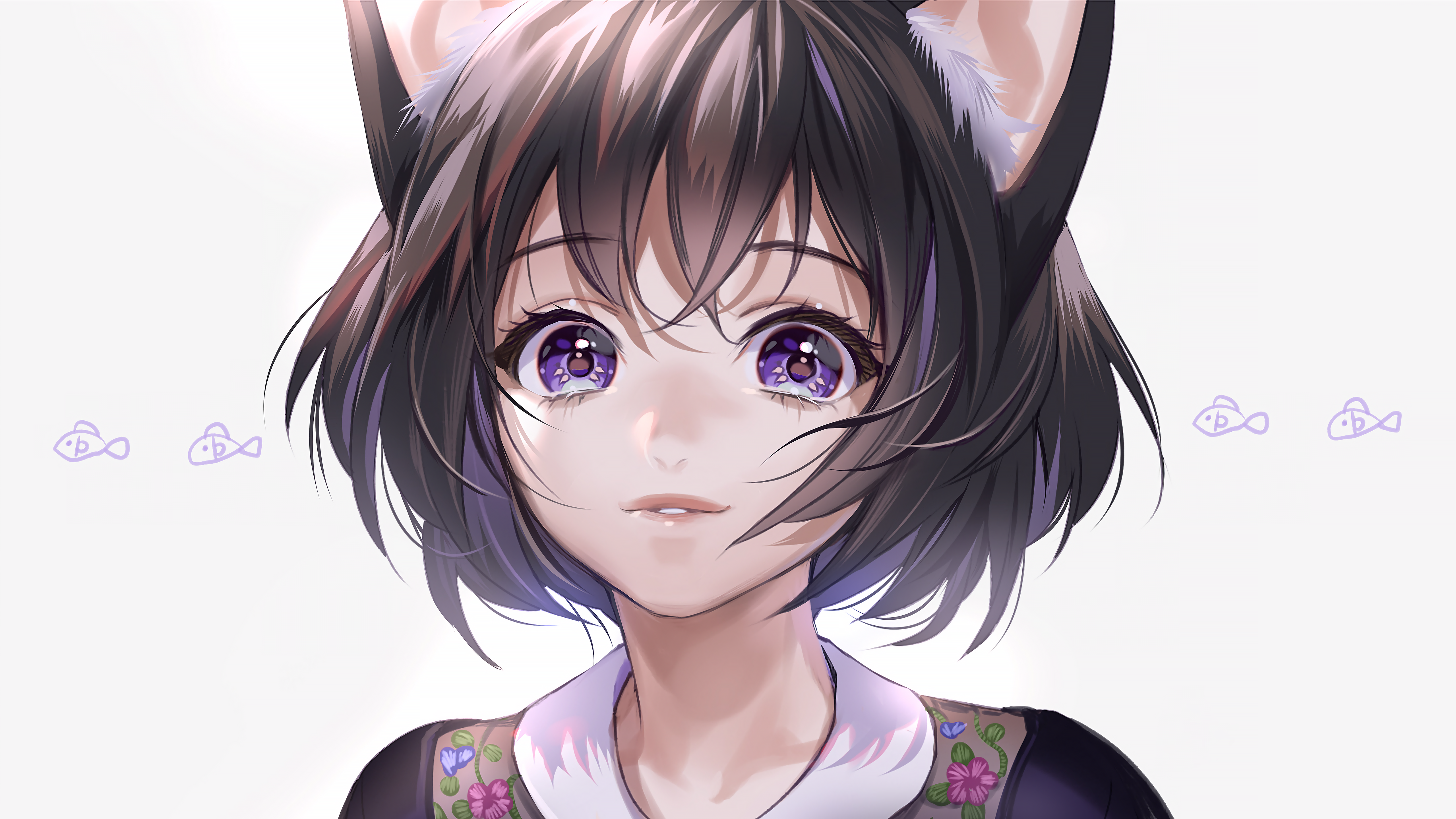 Anime Anime Girls Cat Girl Cat Ears Black Hair Purple Eyes Smiling White  Background Midori Foo Wallpaper - Resolution:5120x2880 - ID:1134272 -  