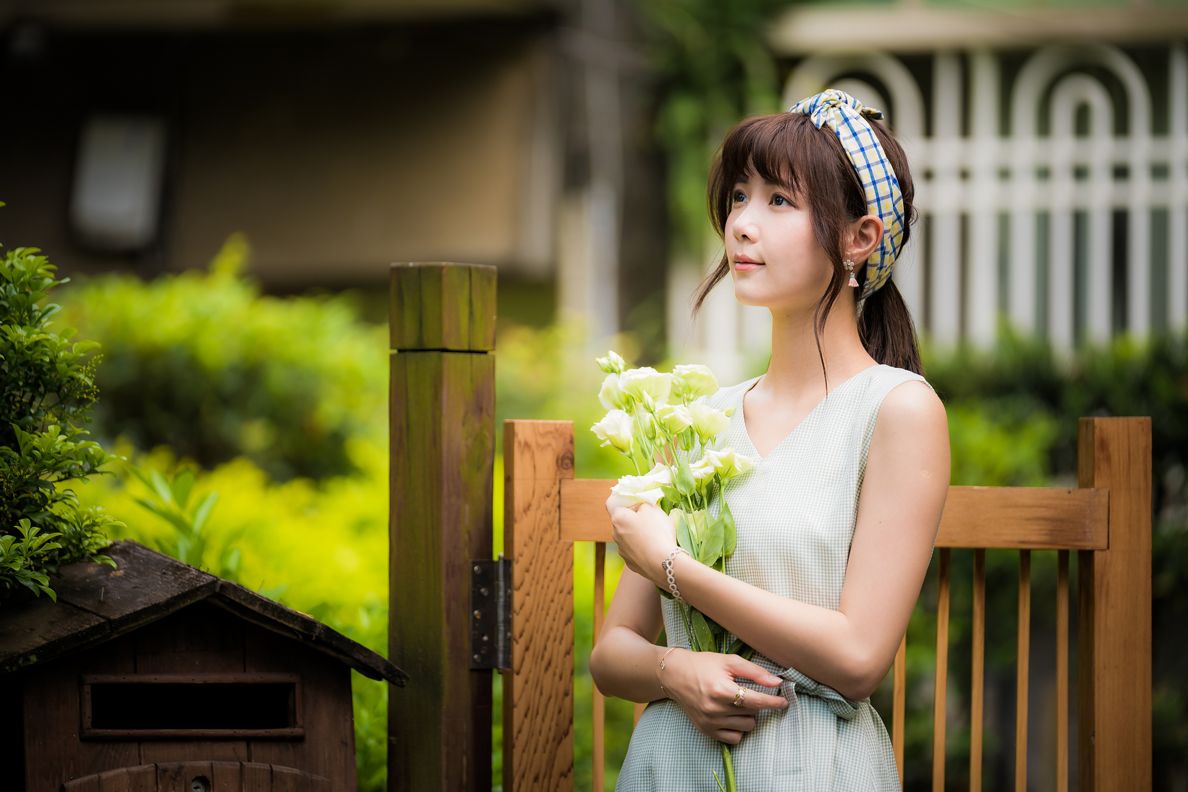 Asian Model Women Long Hair Brunette Hair Band Dress Bushes Grass Fence Flowers Bracelets Earring 3840x2561
