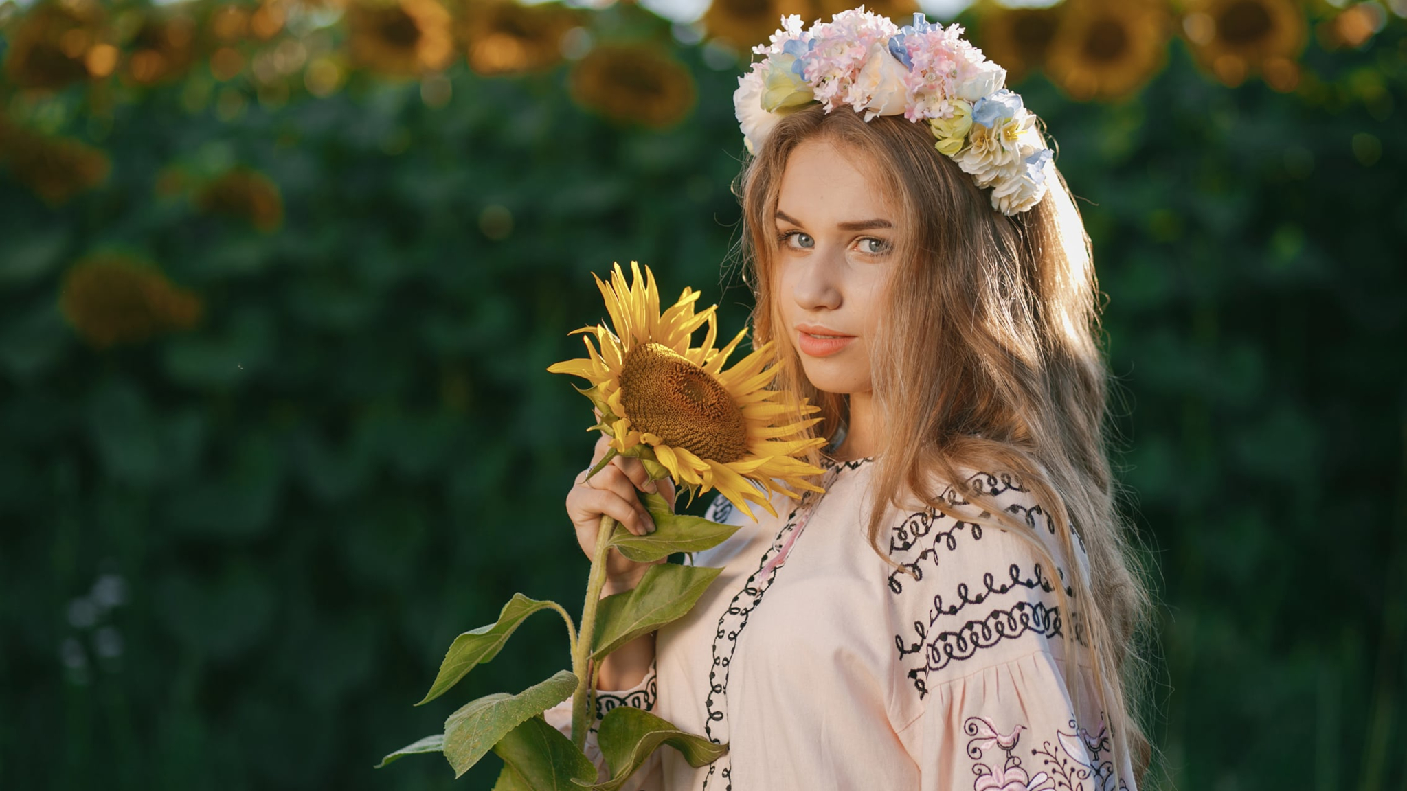 Women Ukrainian Blonde Sunflowers Traditional Clothing Women Outdoors Flower In Hair Looking At View 2048x1152