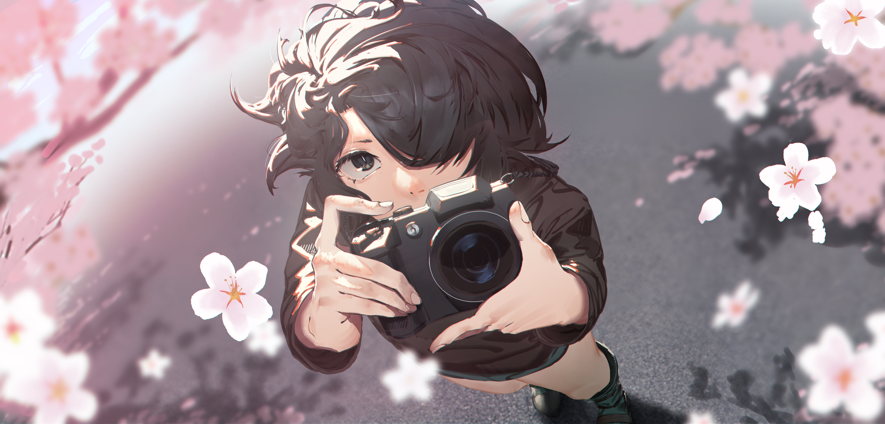 Anime Anime Girls Photographer Black Hair Dark Hair Black Eyes Flowers Sakura Blossom Short Hair Nam 3541x1700