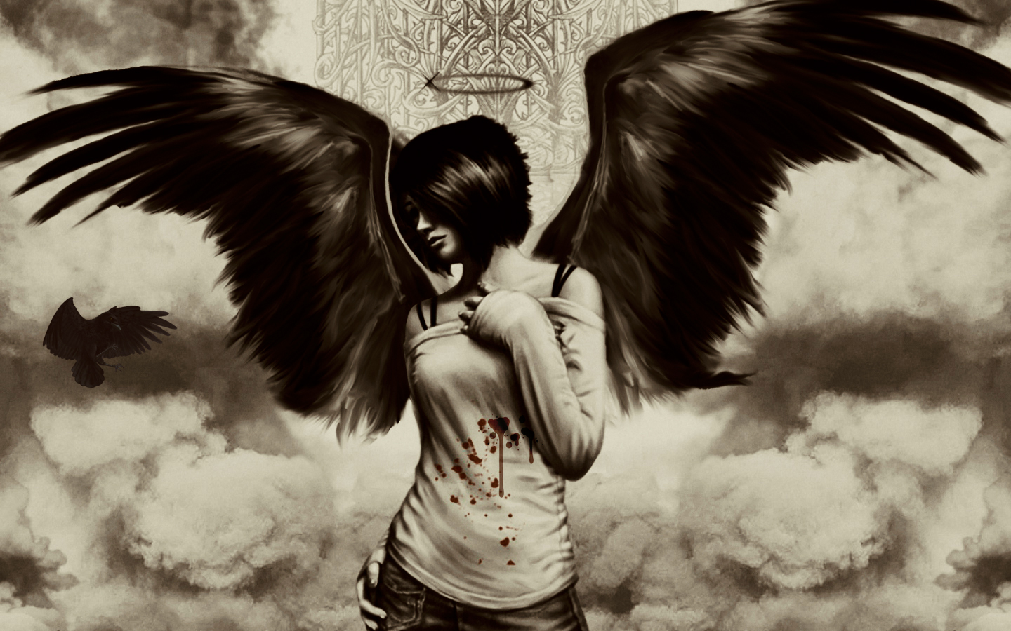 Angel Dark Wings Black White 1440x900