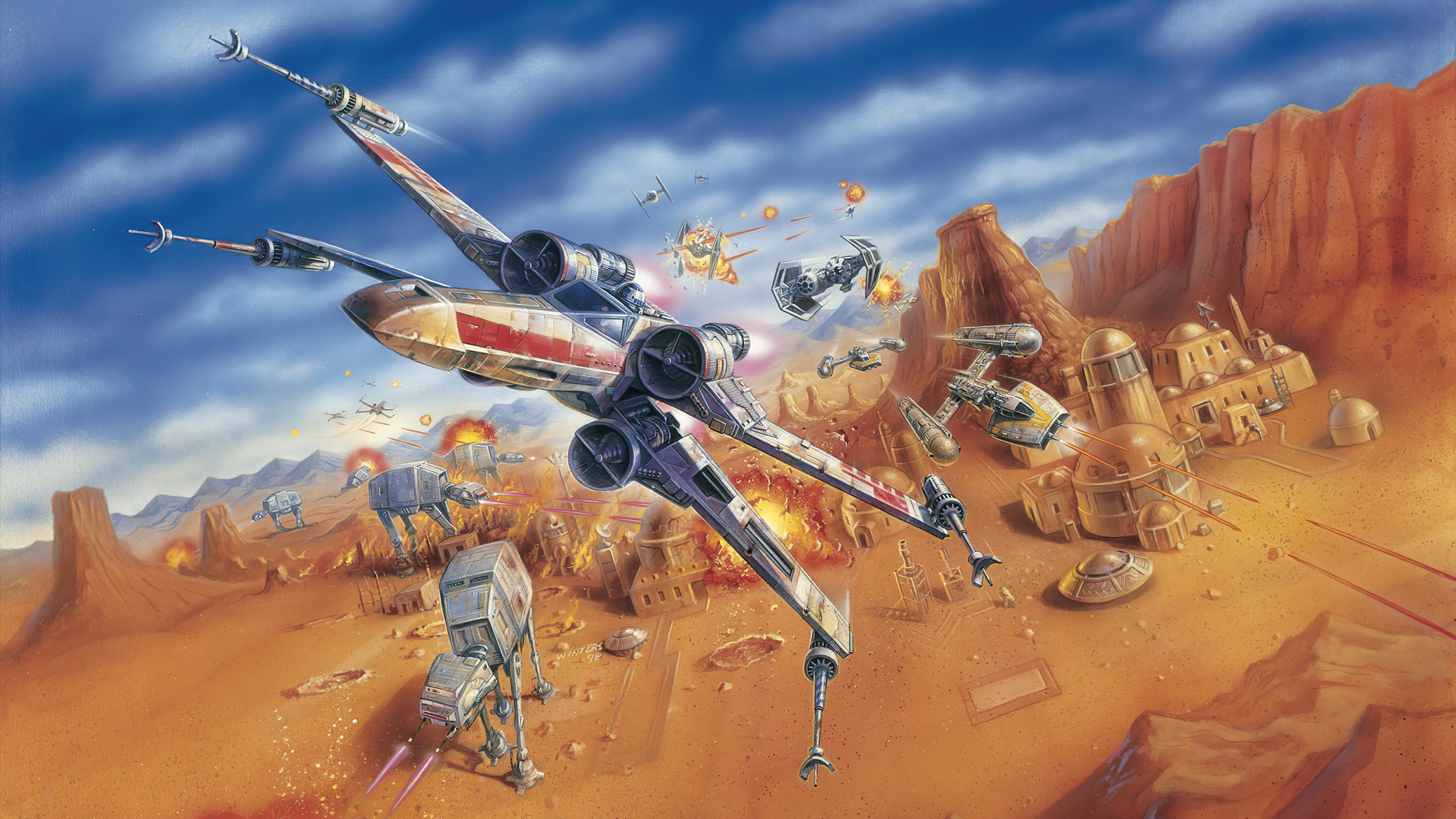 Star Wars Artwork Desert Tatooine X Wing Y Wing TiE Bomber TiE Fighter AT AT Battle Explosion Imperi 2560x1440