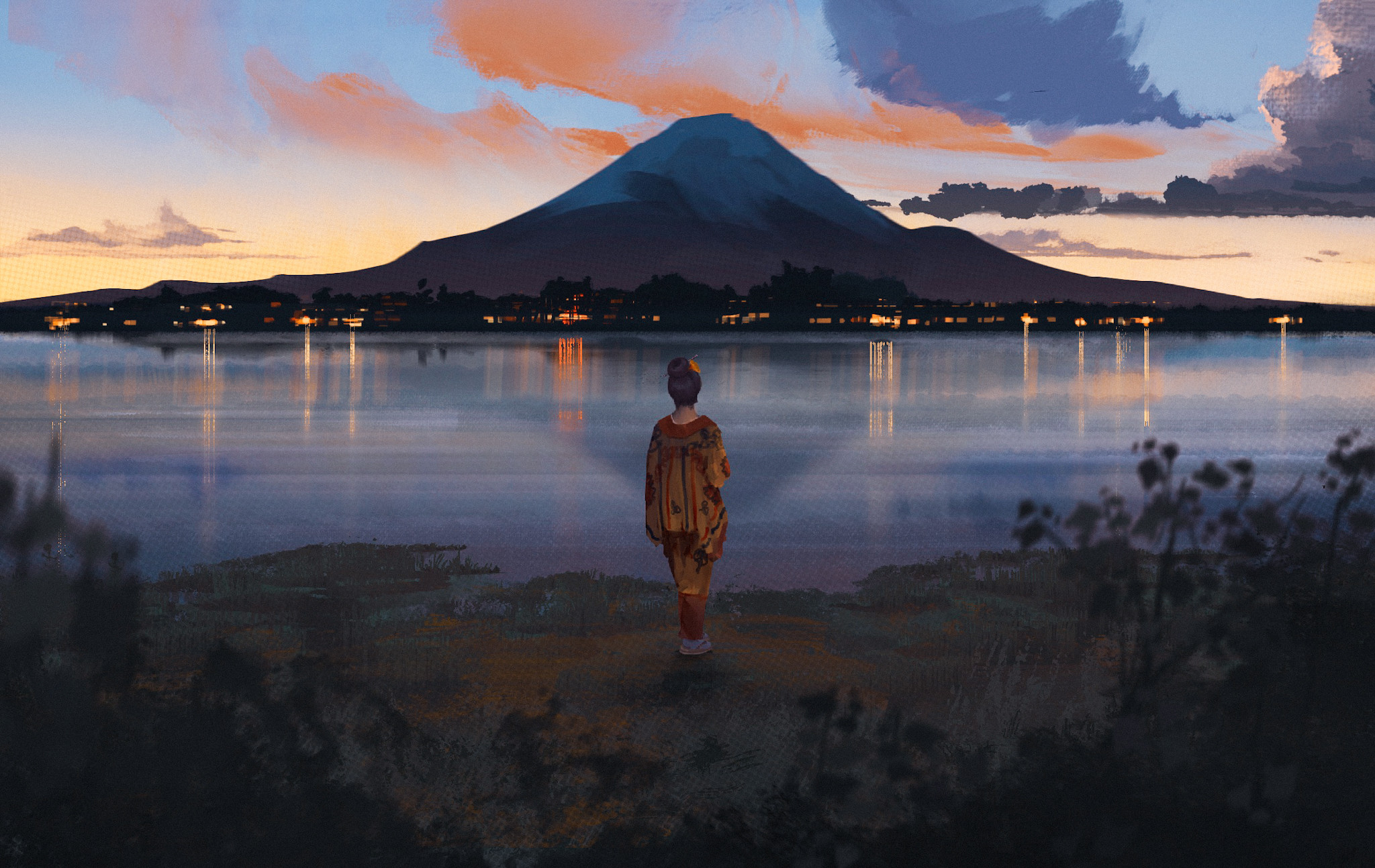Artwork Digital Art Surendra Rajawat Fuji Mountain Japanese Clothes Reflection Clouds Landscape 2048x1294