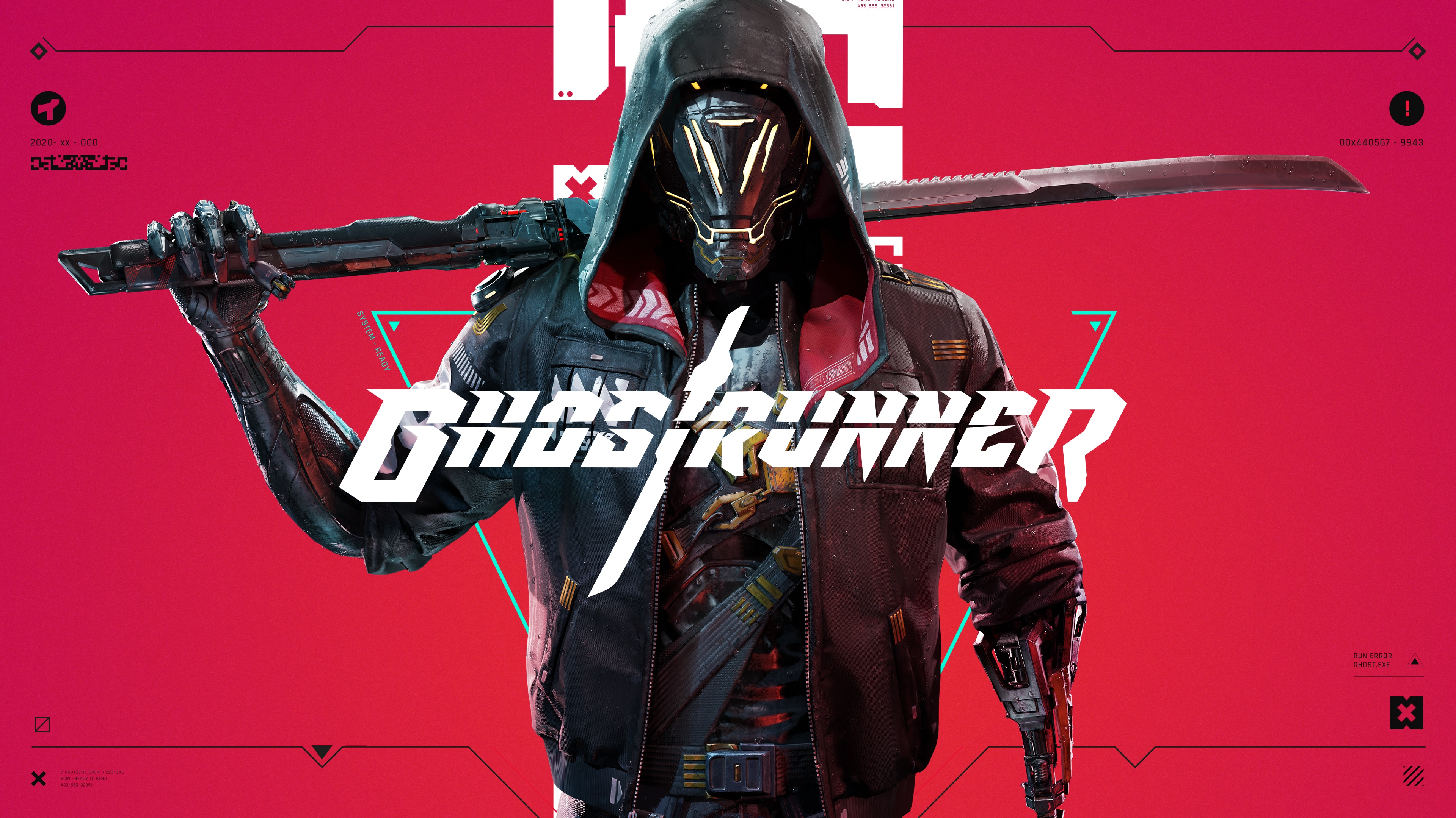 Video Games Ghostrunner Cyberpunk Cyborg Ninja Katana Jacket Hoods Helmet Red Background Science Fic 3840x2160