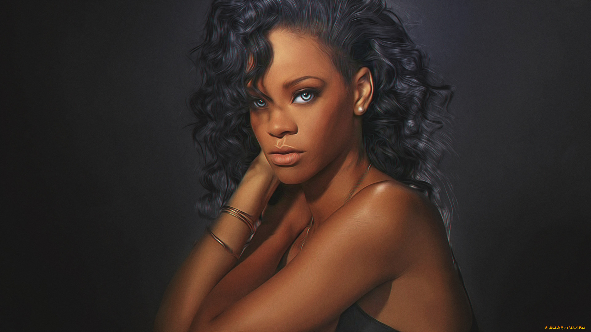Artwork Women Singer Celebrity Drawing Rihanna Looking At Viewer Simple Background Dark Hair Face Po 1920x1080